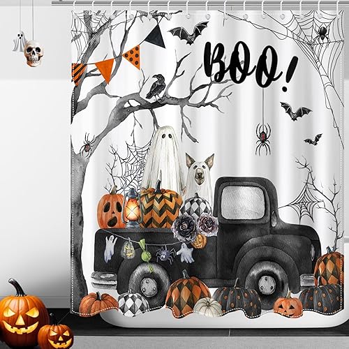 Miniatura 7 de Mocsicka Cortina de ducha de Halloween para decoración de baño, divertida y bonita calabaza espeluznante, cortina de ducha con 12 ganchos, 72 x 72