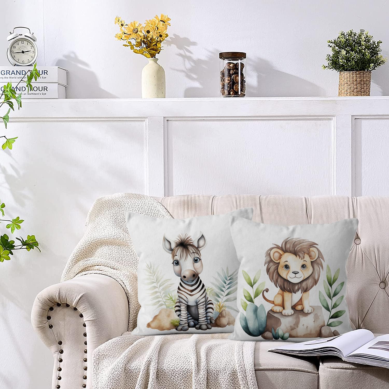 Bonhause Set Di 4 Federe Per Cuscini 45x45 Cm – Animali Cartoon (Leone, Orso, Zebra, Elefante) In Poliestere, Con Cerniera Nascosta – Solo Federe