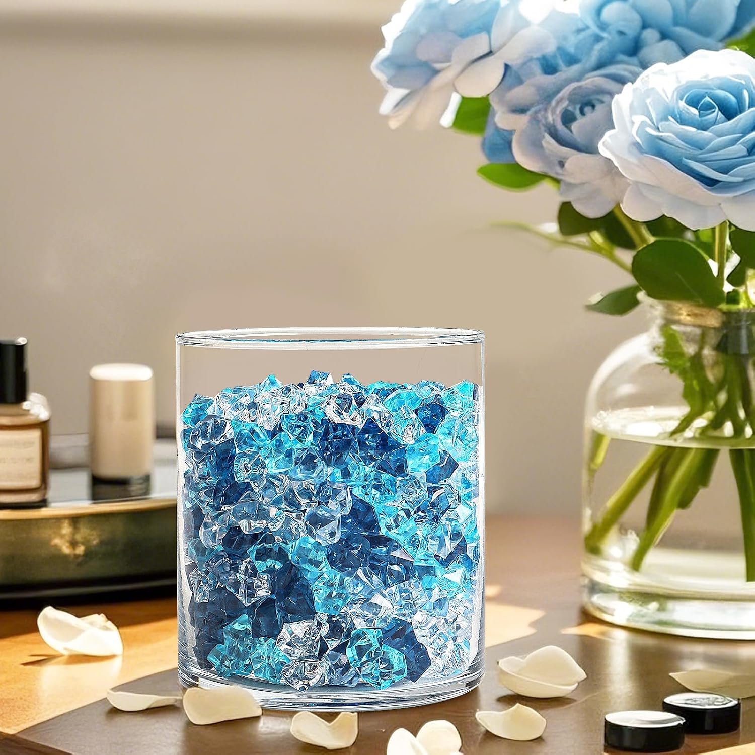 Fake Ice Cubes,500 Pcs Mix Colour Artificial Ice Cubes,11 * 14 mm Fake Ice,Plastic Ice Cube Vase Fillers for Centerpieces(Light Blue, Bright Blue, Dark Blue, Transparent)