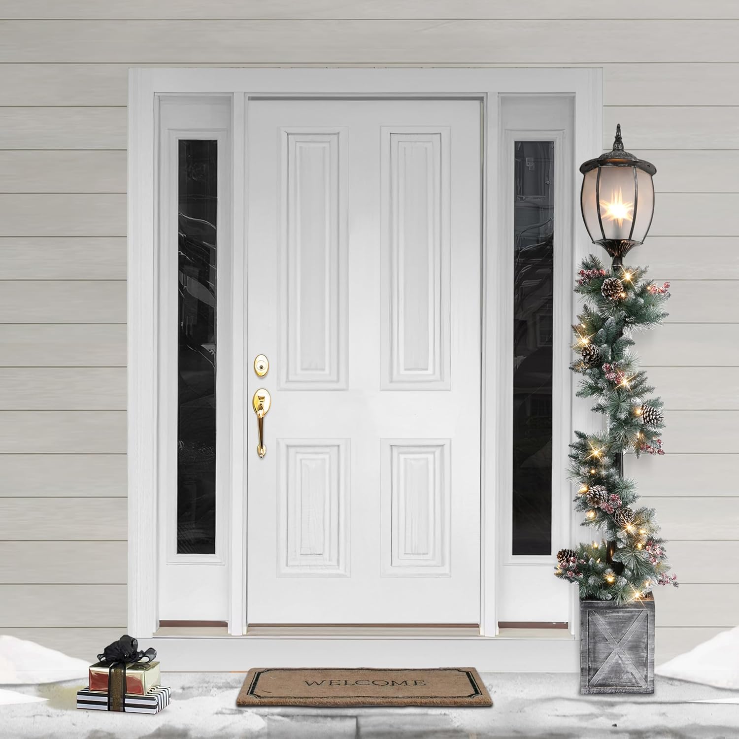 Puleo International 7' Lamp Post with Decorated Garland and 50 Warm White LED Lights