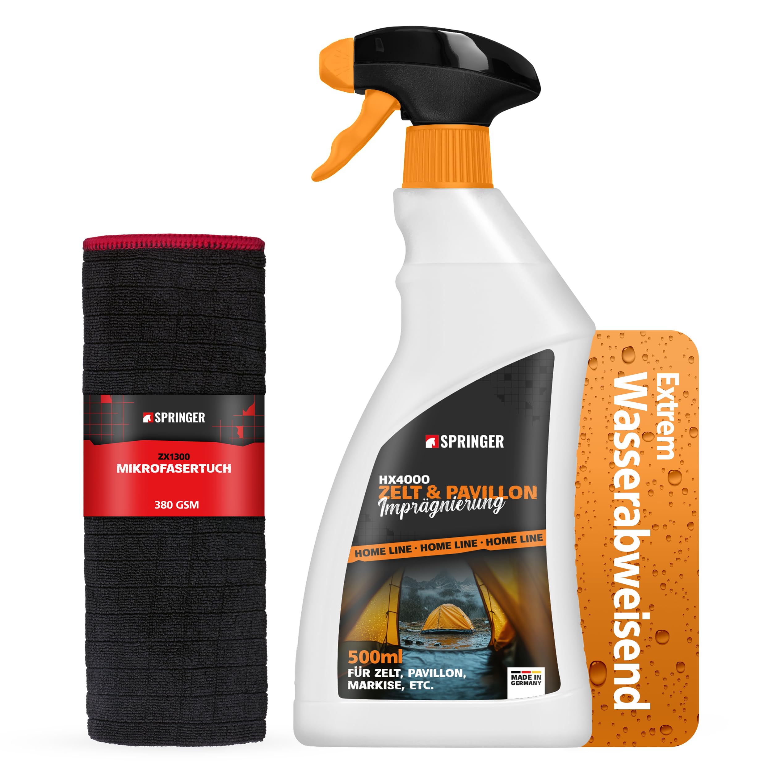 SPRINGER HX4000 - - Outdoor Imprägnierung 500 ml + Tuch - - Made in Germany - - Imprägnierspray für Zelt, Pavillon, Markise, etc. - - Hält Textilien wasserdicht - - Atmungsaktiver Langzeitschutz