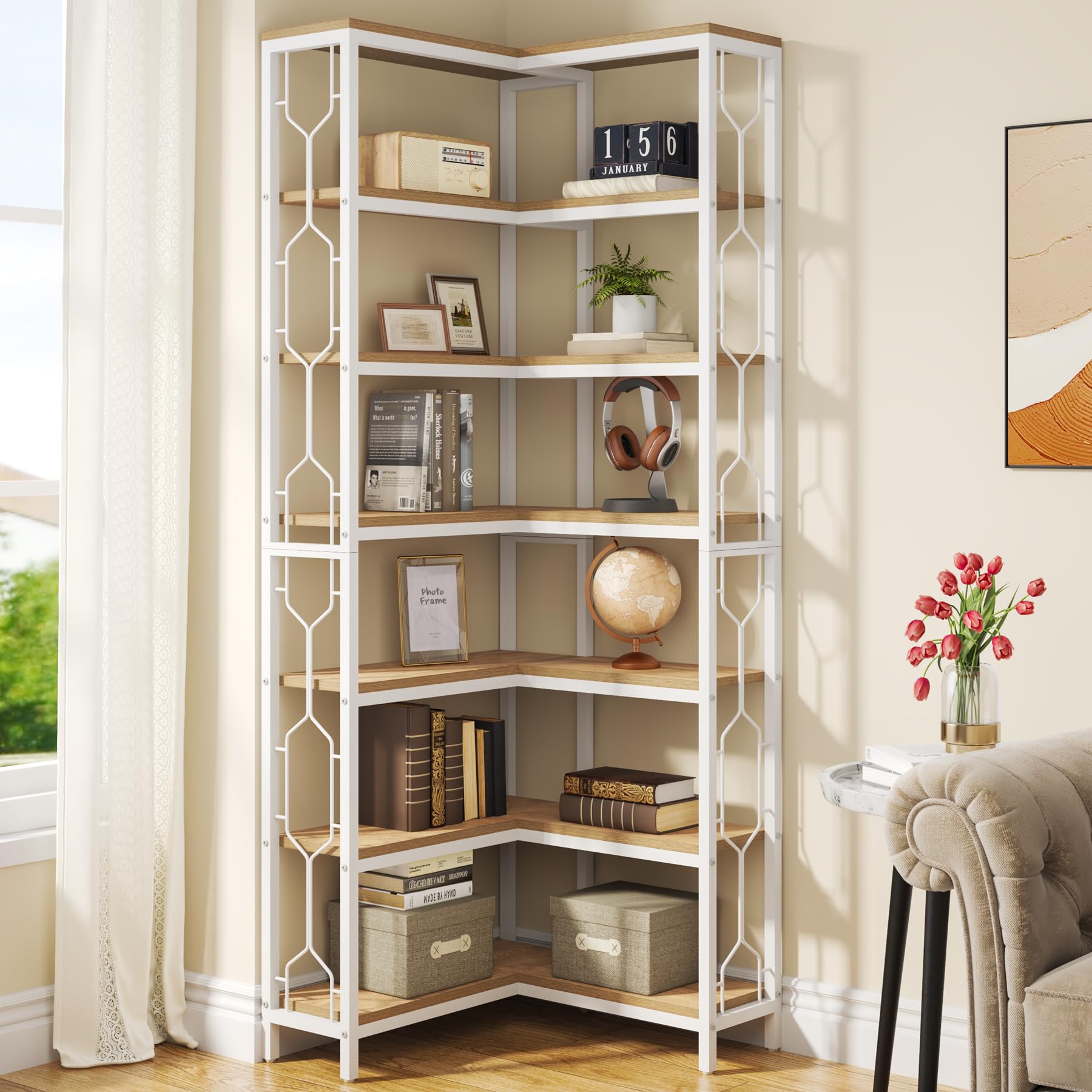 Tribesigns Etagere - Scaffale angolare industriale a 7 ripiani, in legno e metallo, scaffale autoportante per soggiorno, cucina, casa, ufficio, bianco e naturale