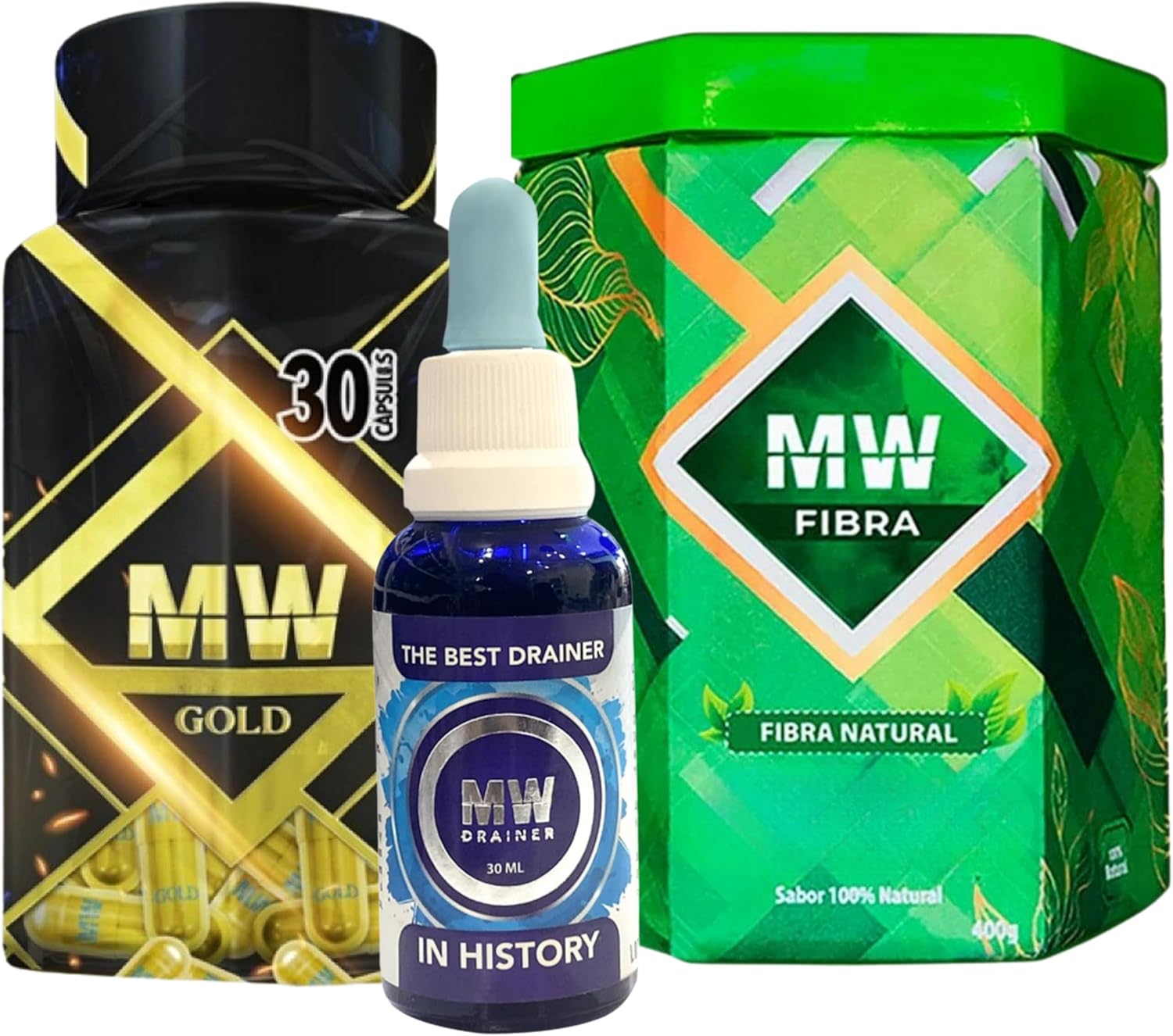 MW Gold Pills Drainer and Fiber Bundle, Natural Supplement for Wellness Support - Complete Kit - MW Pastillas