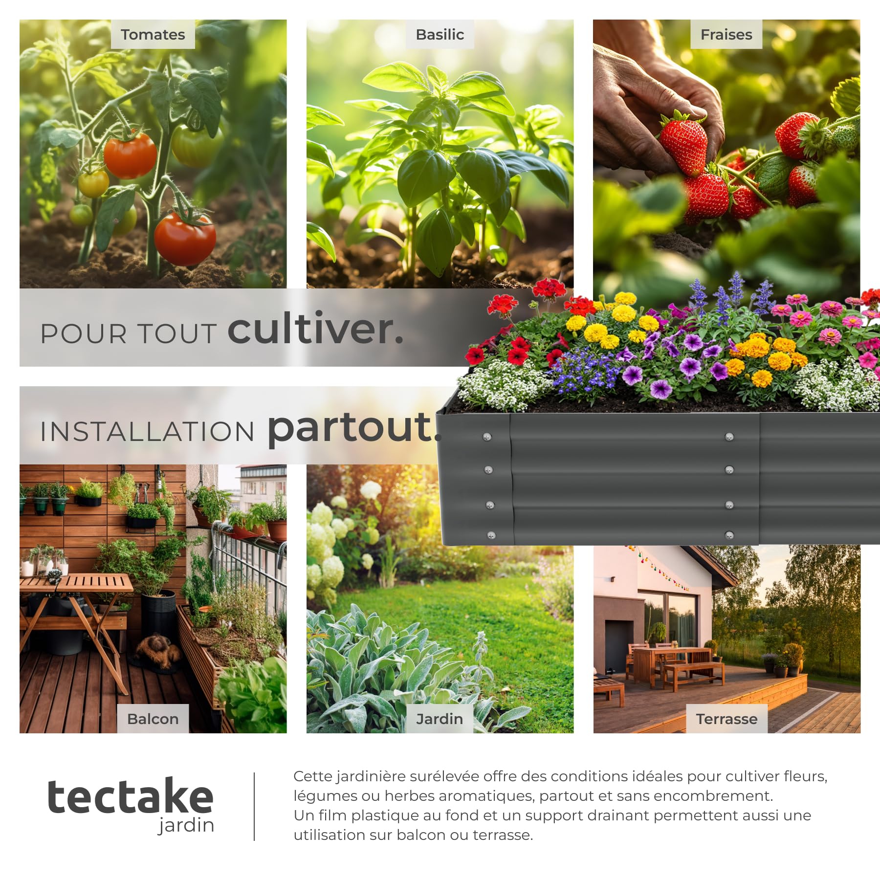 tectake® Jardiniere 120 x 60 x 30 cm, Plate-Bande surélevée en Acier, Potager surélevé, 1 Paire de Gants Jardinage Incluse, Carre Potager 200L, Lit de Jardin, Jardiniere Exterieur, Bac a Fleur Jardin