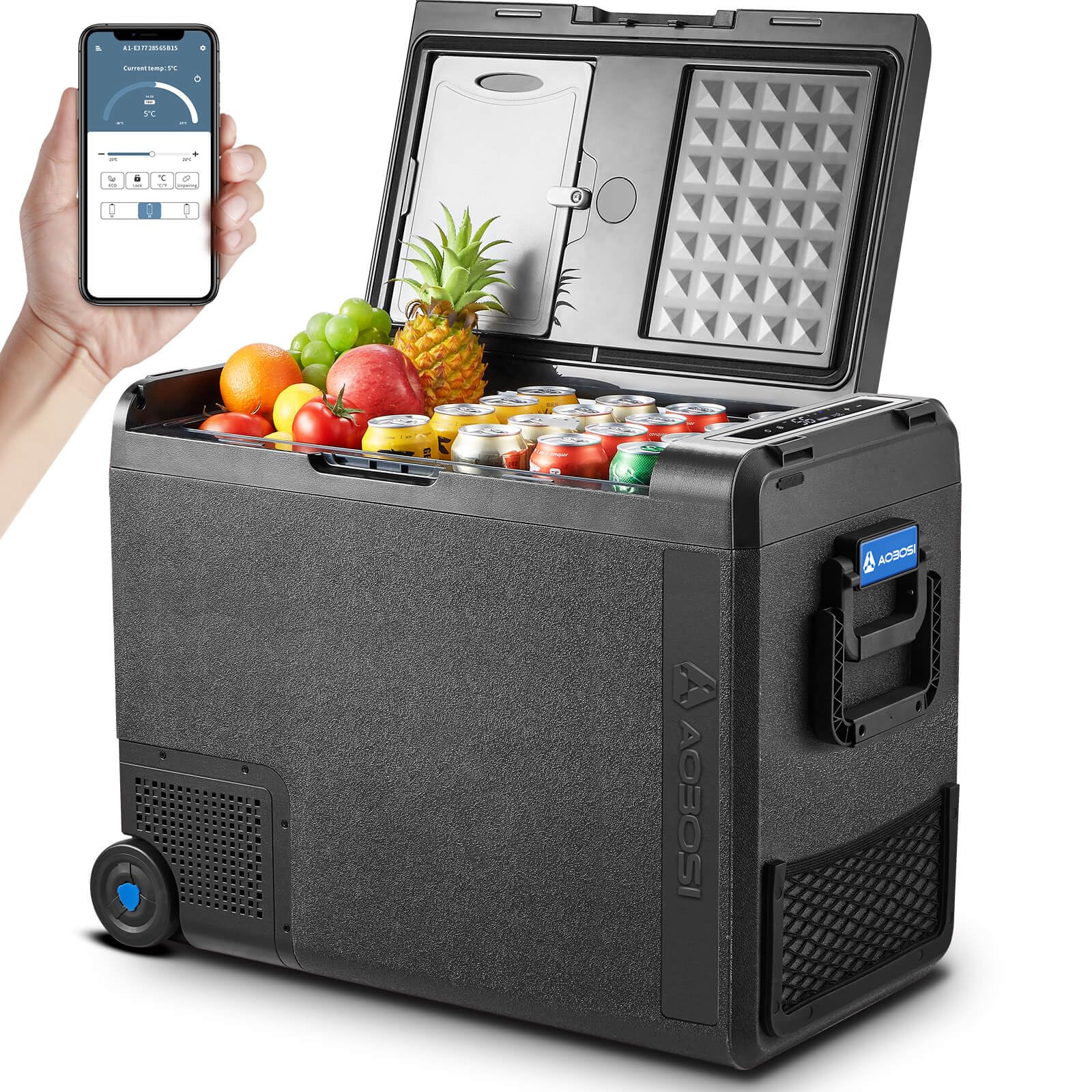 AAOBOSI 58L Kompressor Kühlbox mit App,-20°C bis +20°C, LED-Beleuchtung | 12/24V und 100-240V, -20°C bis 20°C, APP-Steuerung, LED-Beleuchtung, mit Rollen, für Auto, Camping, LKW, Boot und Reisen
