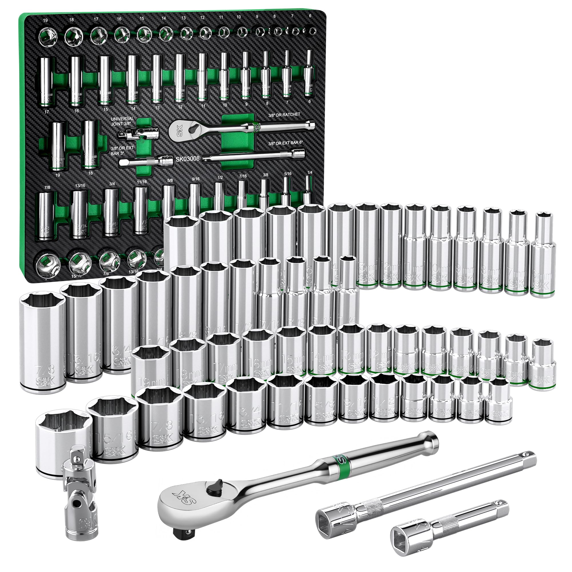 SK 3/8" Drive Socket Set with 90-Tooth Ratchet, 56-Piece, SAE & Metric, SuperKrome Finish, Premium CR-V Construction, with EVA Foam Tool Organizer
