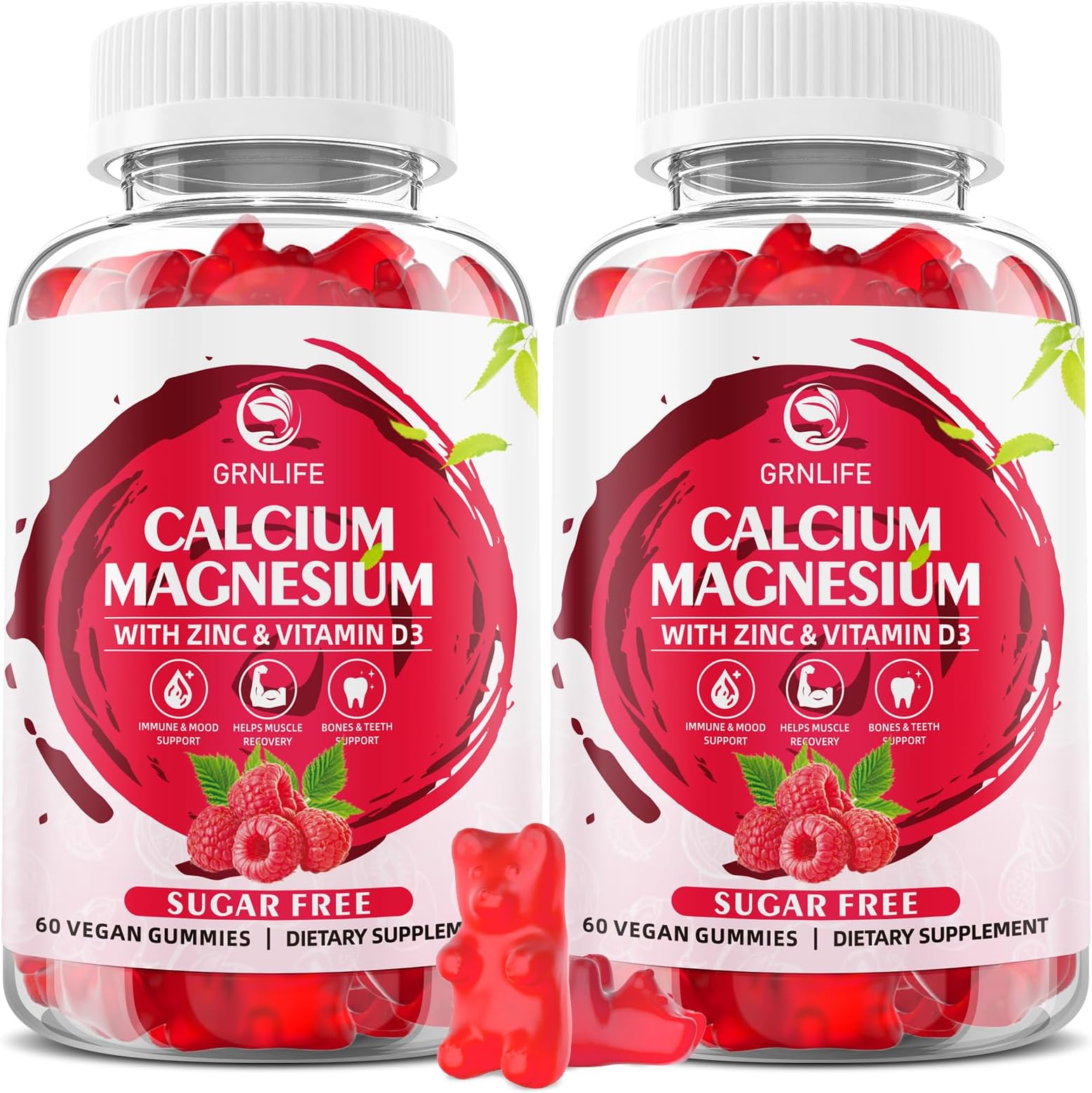 Calcium Magnesium Zinc Gummies with Vitamin D3, Sugar Free Calcium Gummies for Women Men, High Potency Magnesium Gummies for Bone & Muscle & Immune Health, Raspberry Flavor - 120 Count