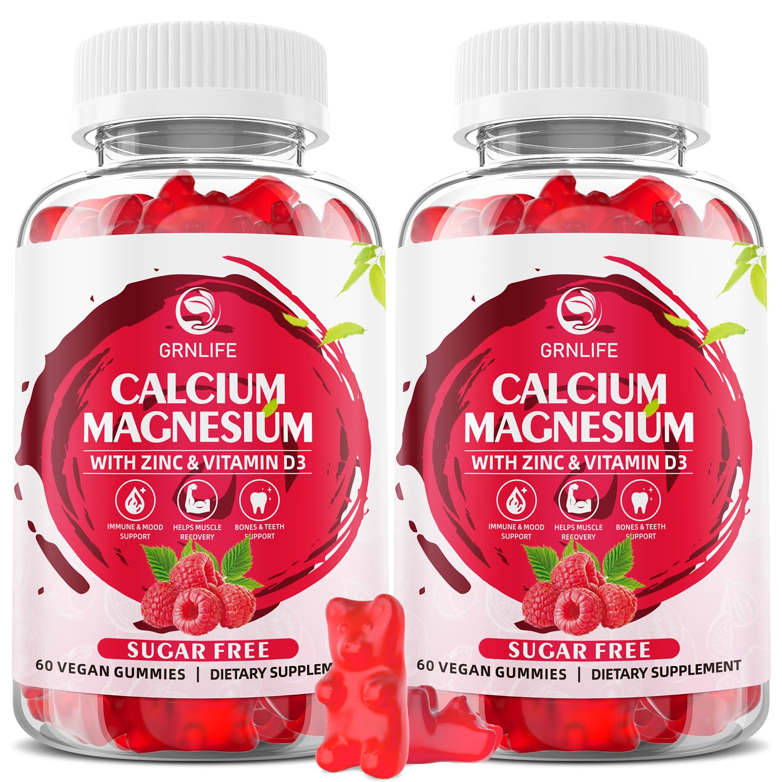 Calcium Magnesium Zinc Gummies with Vitamin D3, Sugar Free Calcium Gummies for Women Men, High Potency Magnesium Gummies for Bone & Muscle & Immune Health, Raspberry Flavor - 120 Count