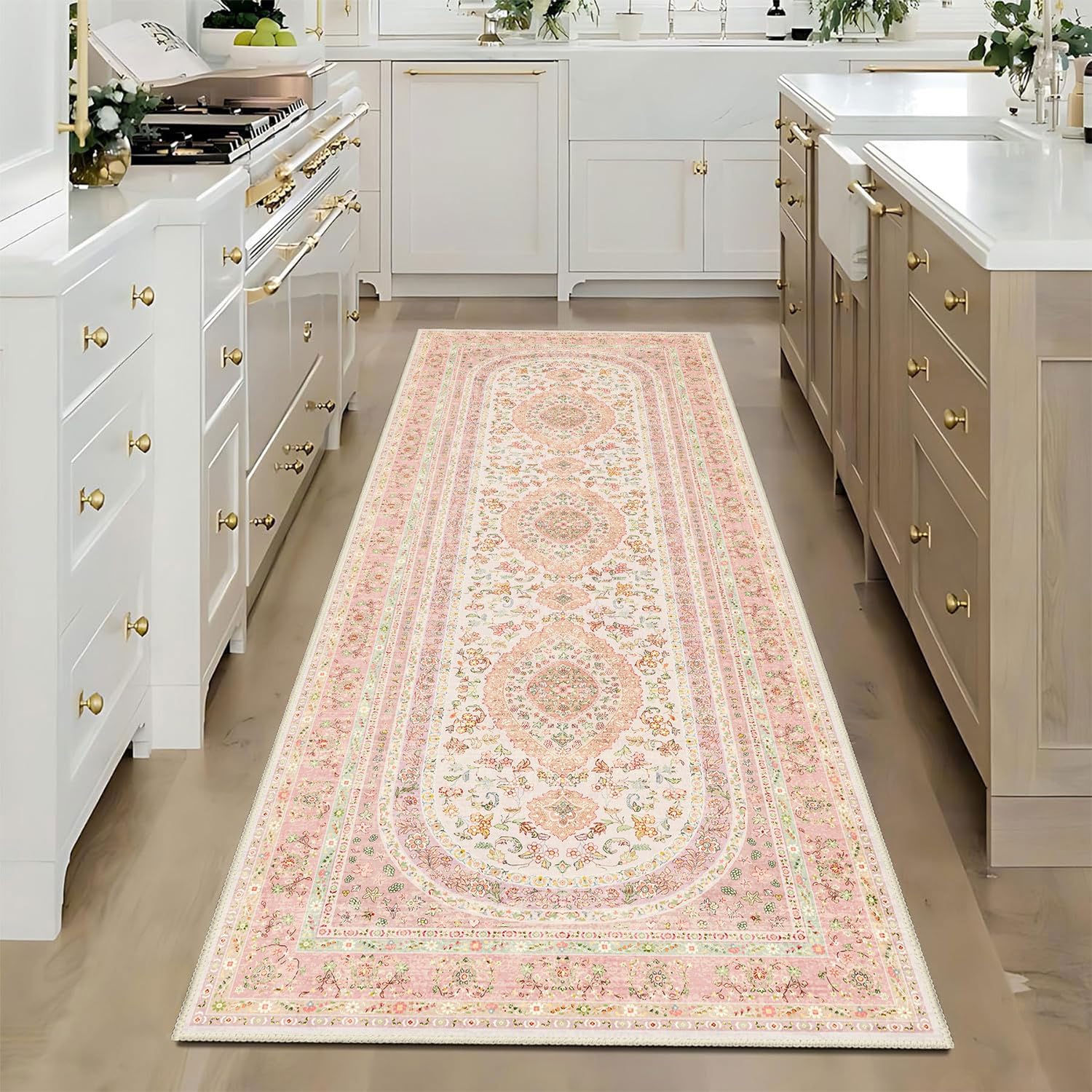 Washable Runner Rug 2x6,Pink Rug Runners Non Slip,Long Boho Rugs for Hallways Kitchen Bedroom Entryway Living Room Bathroom,Vintage Bohemian Distressed Farmhouse Floor Carpet,Blush Floral