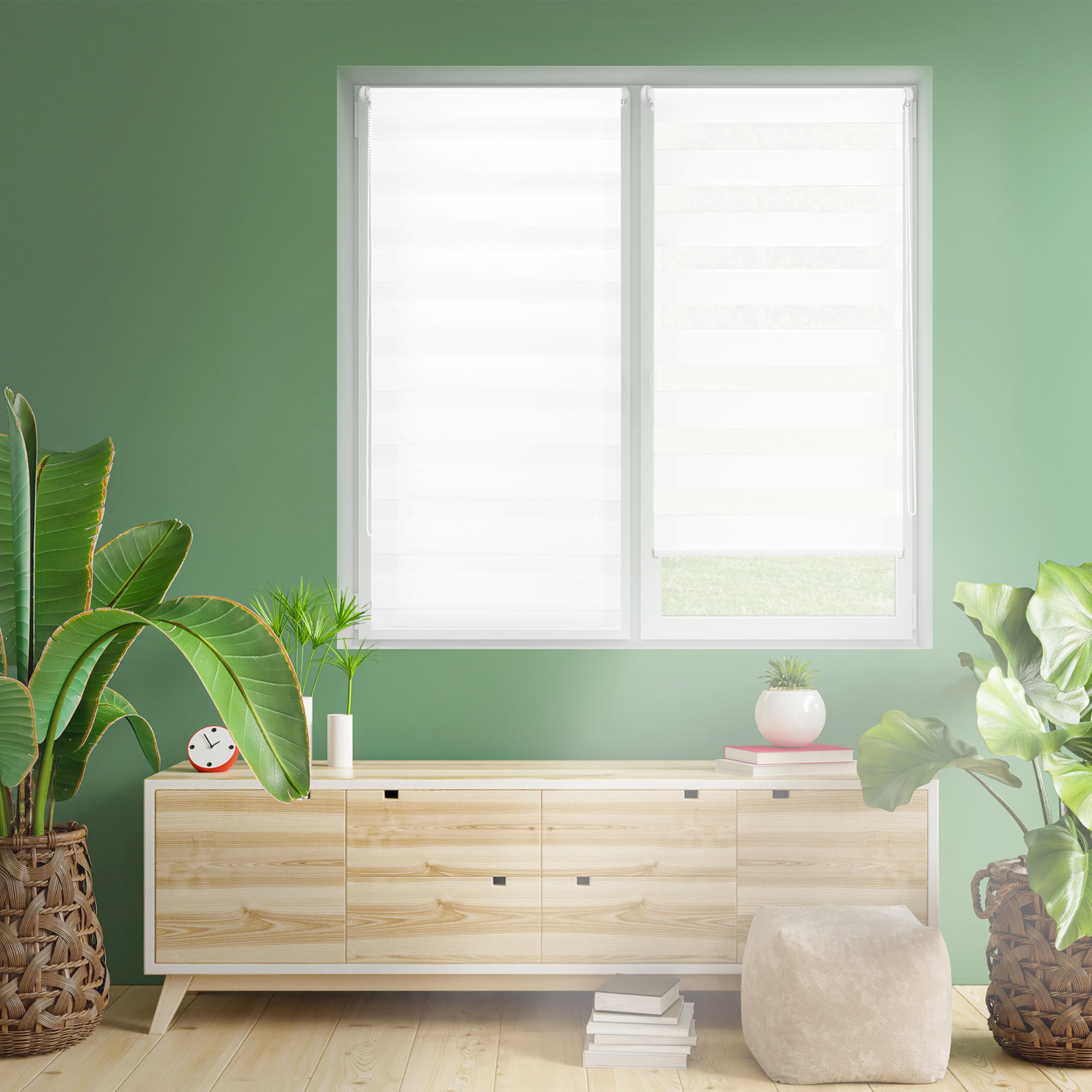 Blindecor Indus Sensa attrezzi | Double-Layer Roller Blind without Drilling | White 55 x 220 cm (W x H) | Fabric Dimensions 52 x 215 cm