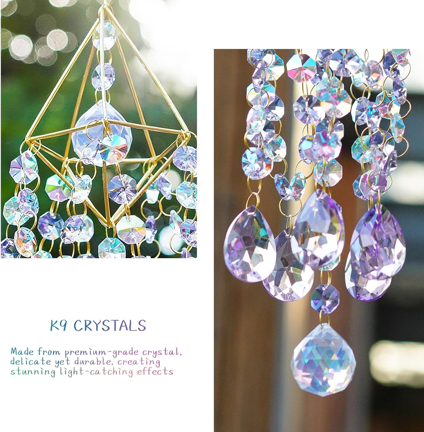 HDCRYSTALGIFTS 21.5inch Crystal Prisms Suncatcher for Window Hanging, Rainbow Maker Crystal Sun Catcher Indoor Window Glass Wind Chimes Home Garden Decor, Purple - Image 3