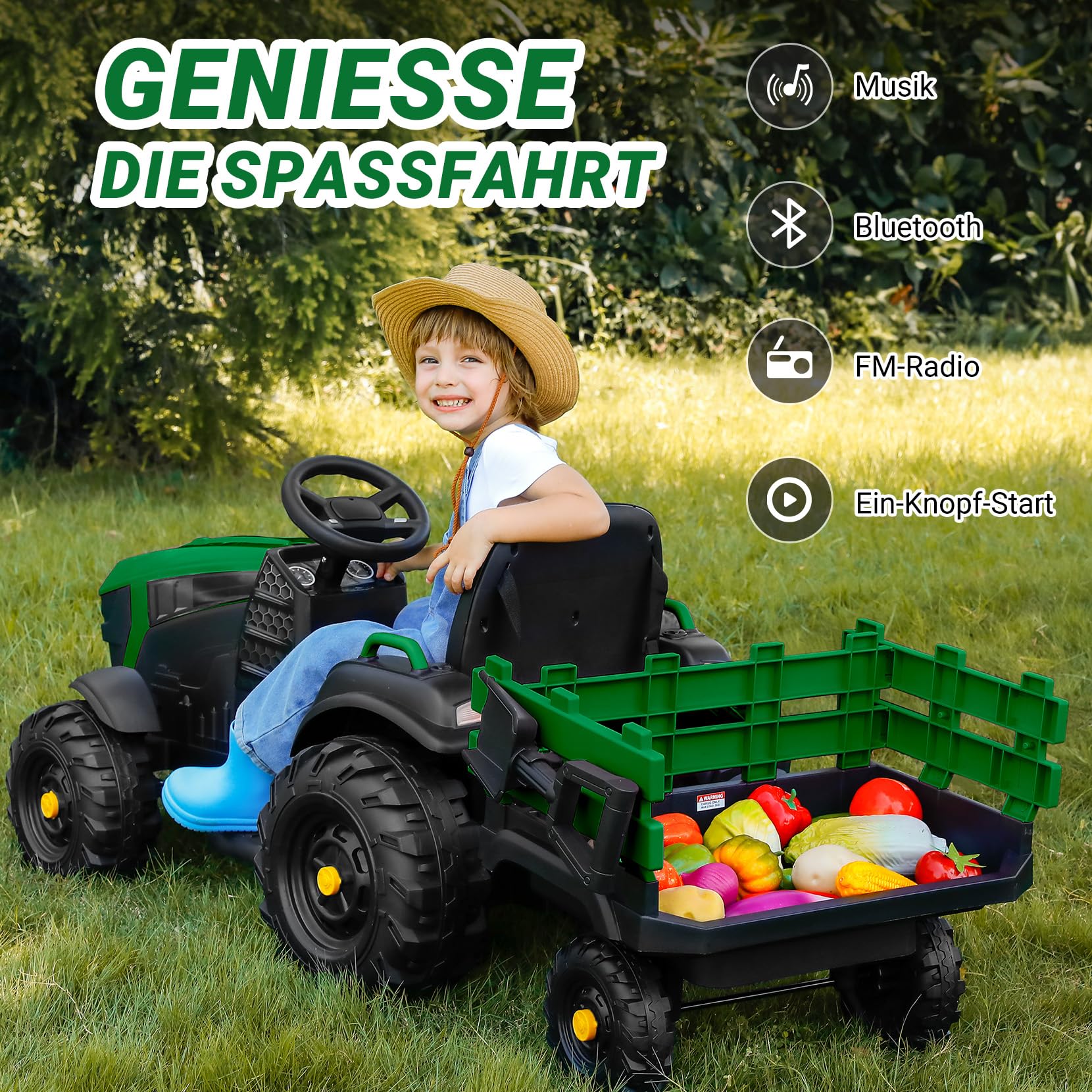 ELEMARA 24V 9AH Elektrischer Traktor für Kinder mit leicht abnehmbarem Anhänger, 400W Motoren Elektro Traktor, All-Terrain-Fähigkeit, Sicherheitsdesign mit 3-Punkt-Sicherheitsgurt für Alter 3+, Grün