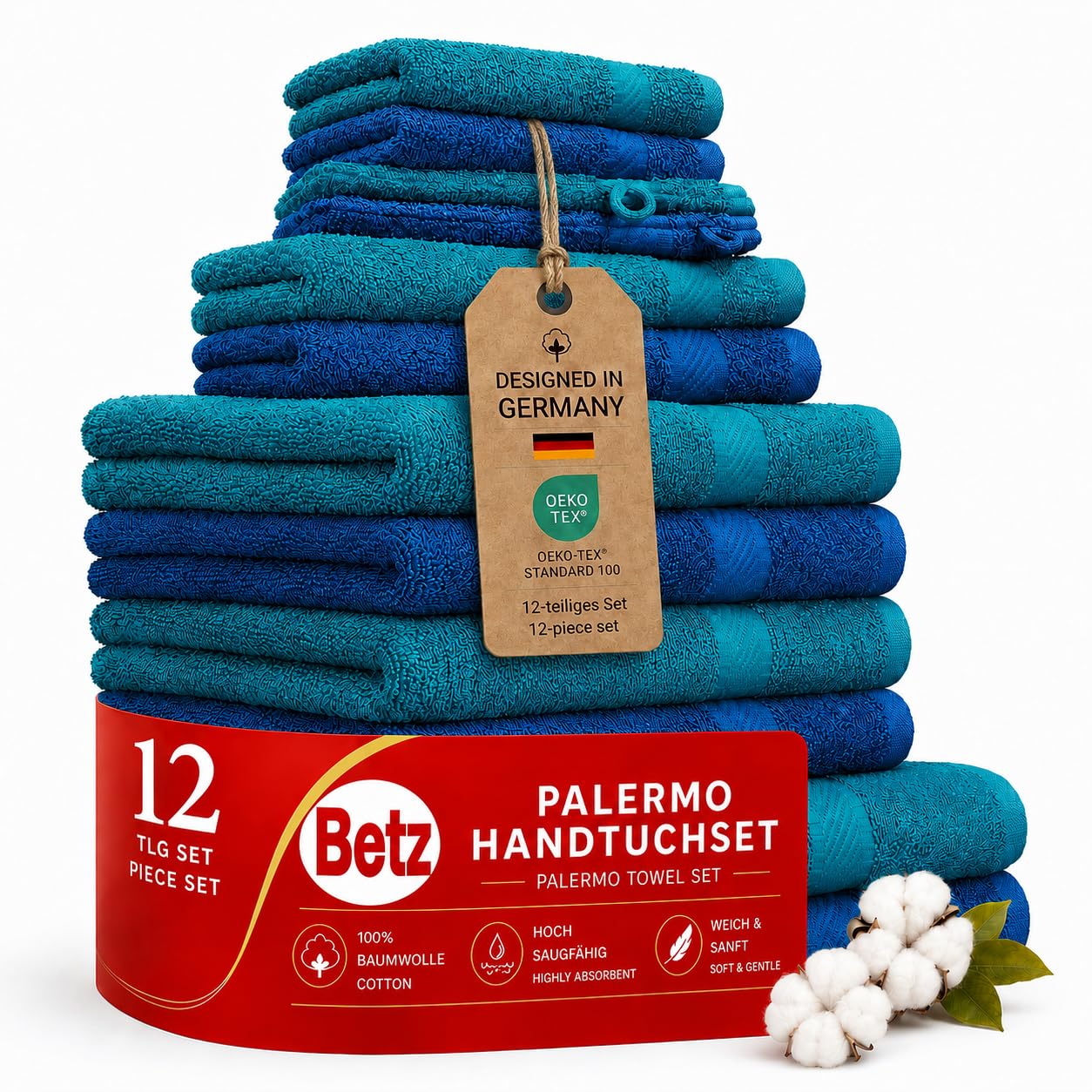 Betz Lot de 12 pièces 100% Coton Palermo 2 draps de Bain 4 Serviettes de Toilette 2 d'invités 2 lavettes 2 Gants de Toilette Couleur Bleu et pétrole