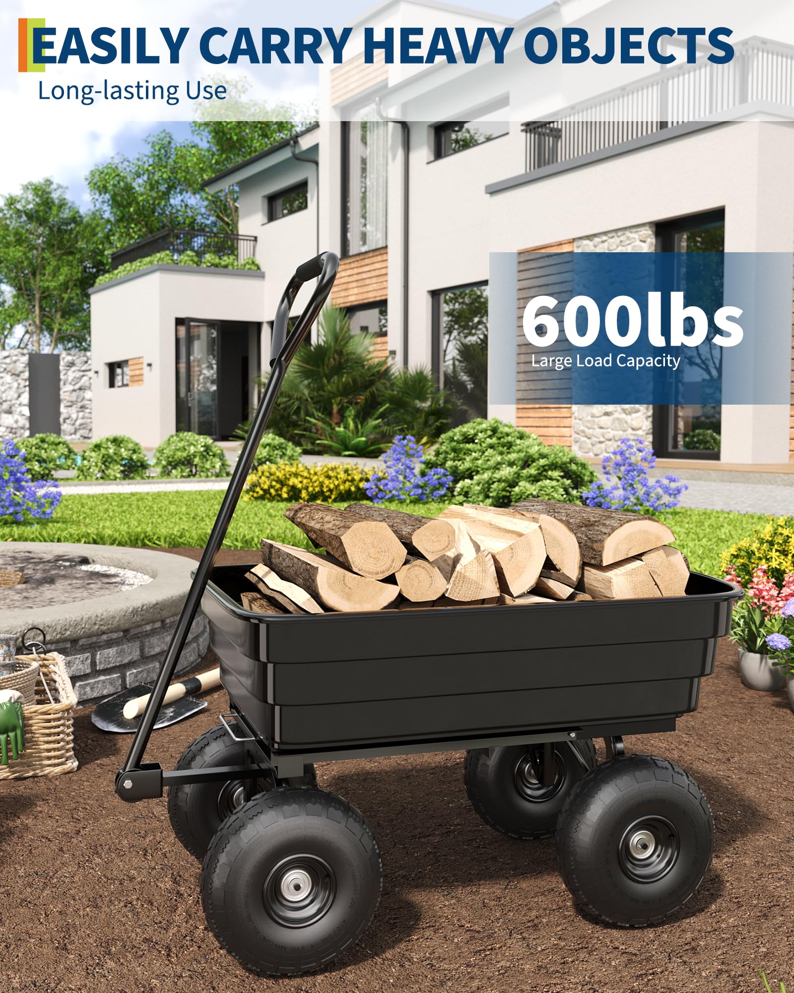 GarveeHome Gartenwagen mit Kippfunktion bis 270 kg Transportwagen | Bollerwagen mit Lenkachse Luftbereifung auf Stahlfelge, Gartenkarre Dumper für Gartenarbeit Rasen