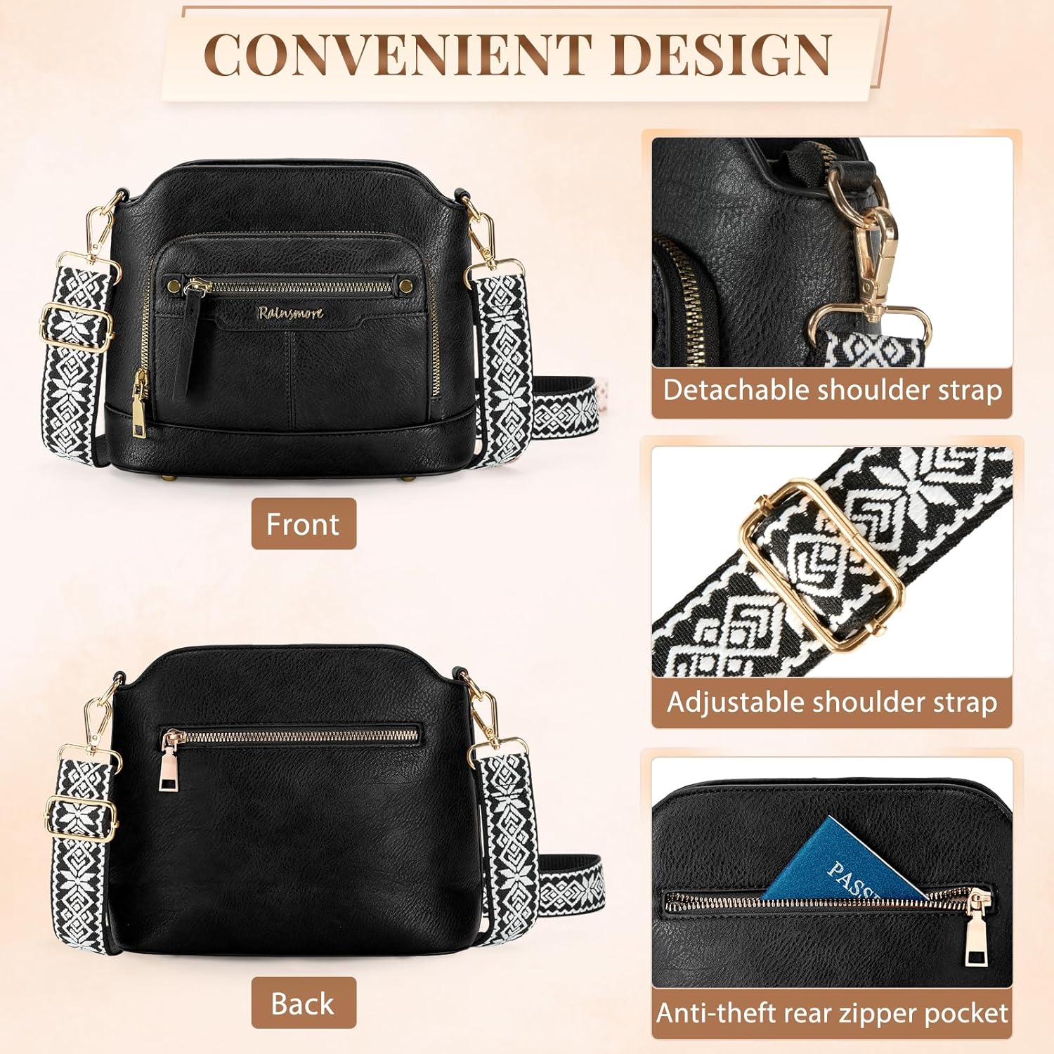 RAINSMORE Small Crossbody Bags for Women Pu Leather Crossbody Purses Shoulder Bag Handbags Cross Body Travel Purse - Image 5