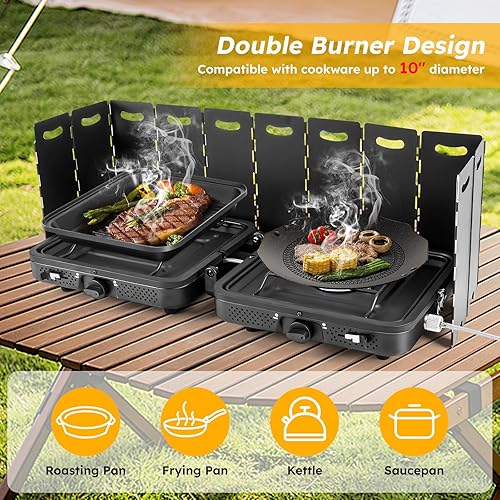 Miniatura 4 de Estufa de campamento de propano de 2 quemadores, quemadores ajustables de 17200 BTU, estufa de campamento de propano plegable con parrilla y