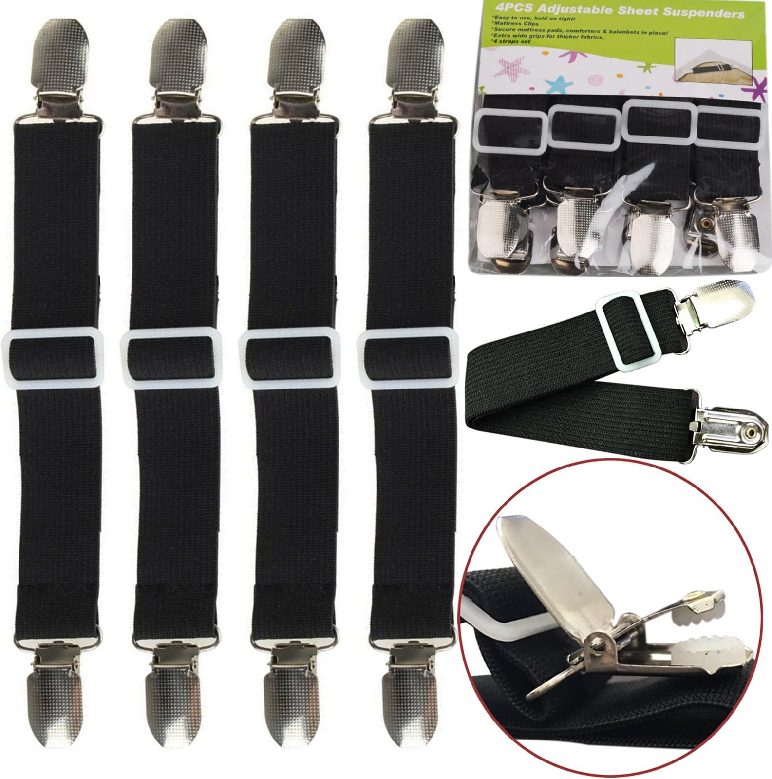 4pcs/set Bed Sheet Clips Straps Suspenders Black Adjustable Corner Holder Elastic Fasteners Mattress Pad Cover Fitted Sheet Grippers