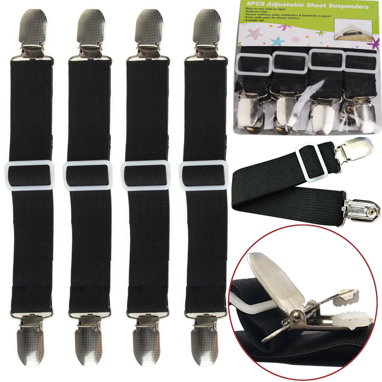 4pcs/set Bed Sheet Clips Straps Suspenders Black Adjustable Corner Holder Elastic Fasteners Mattress Pad Cover Fitted Sheet Grippers