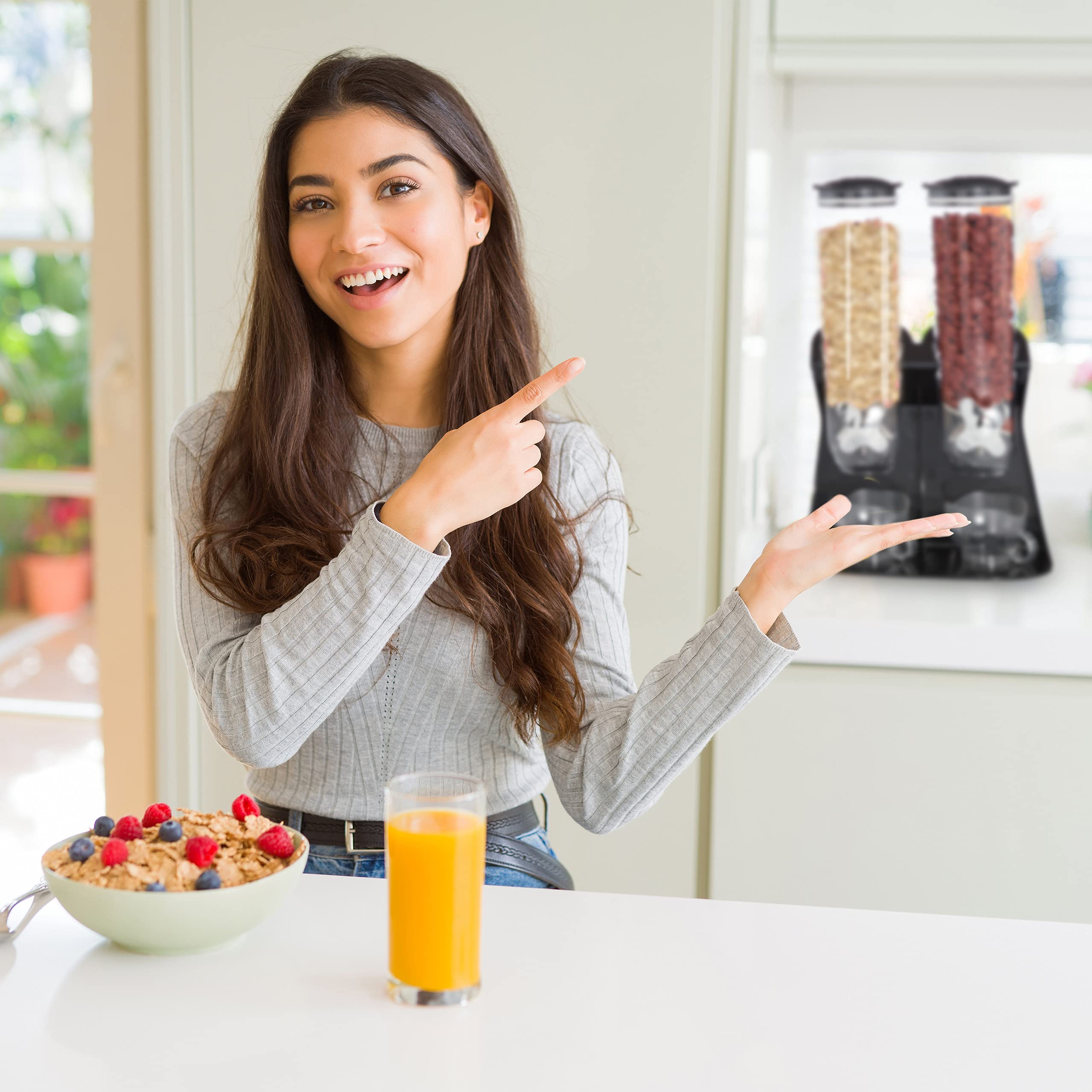 Relaxdays Dispenser Cereali Doppio, Distributore per Corn Flakes, Cioccolatini, Nocciole e Dolcetti, in Plastica, Nero