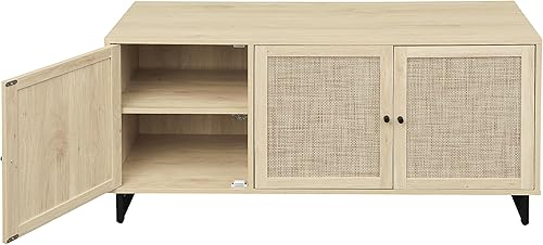 Miniatura 7 de ZeHuoGe Aparador de buffet con 3 puertas decoradas de ratán, gabinete de buffet, armario de ratán con patas de metal para sala de estar, pasillo,