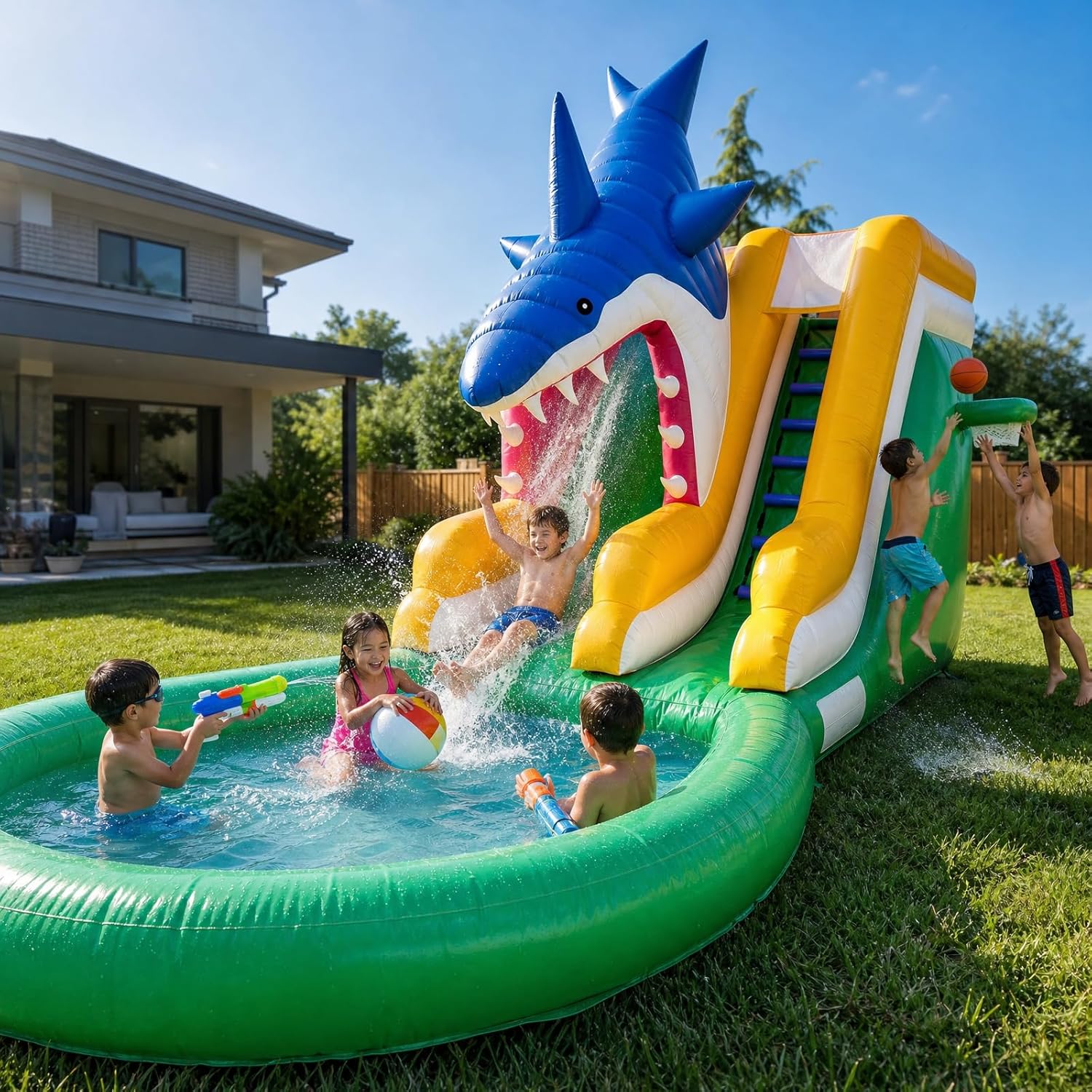 26FT Inflatable Water Slide – 1M Wide Slide, Climbing Steps with Water Hose, Handles, Enclosed Netting & Basketball Set – Heavy Duty PVC Outdoor Water Park for Backyard, Summer Party 2a1
