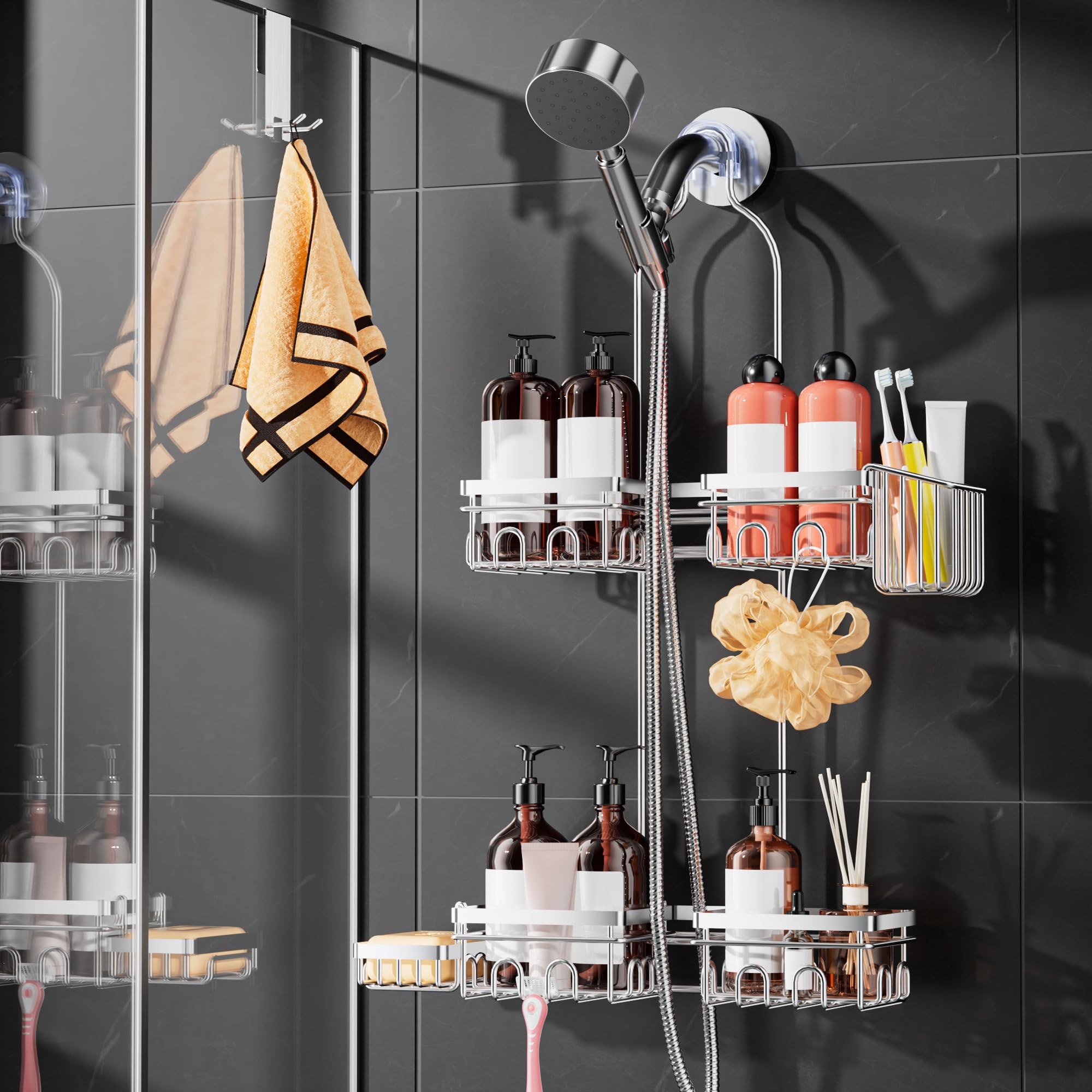 Photo 1 of Daoun Shower Caddy Hanging with Door Hook - Split Design for Handheld Showerheads, Rustproof Over The Showerheads Bathroom Organizer with Hooks Soap and Toothbrush Holder, Bathroom Accessories Silver