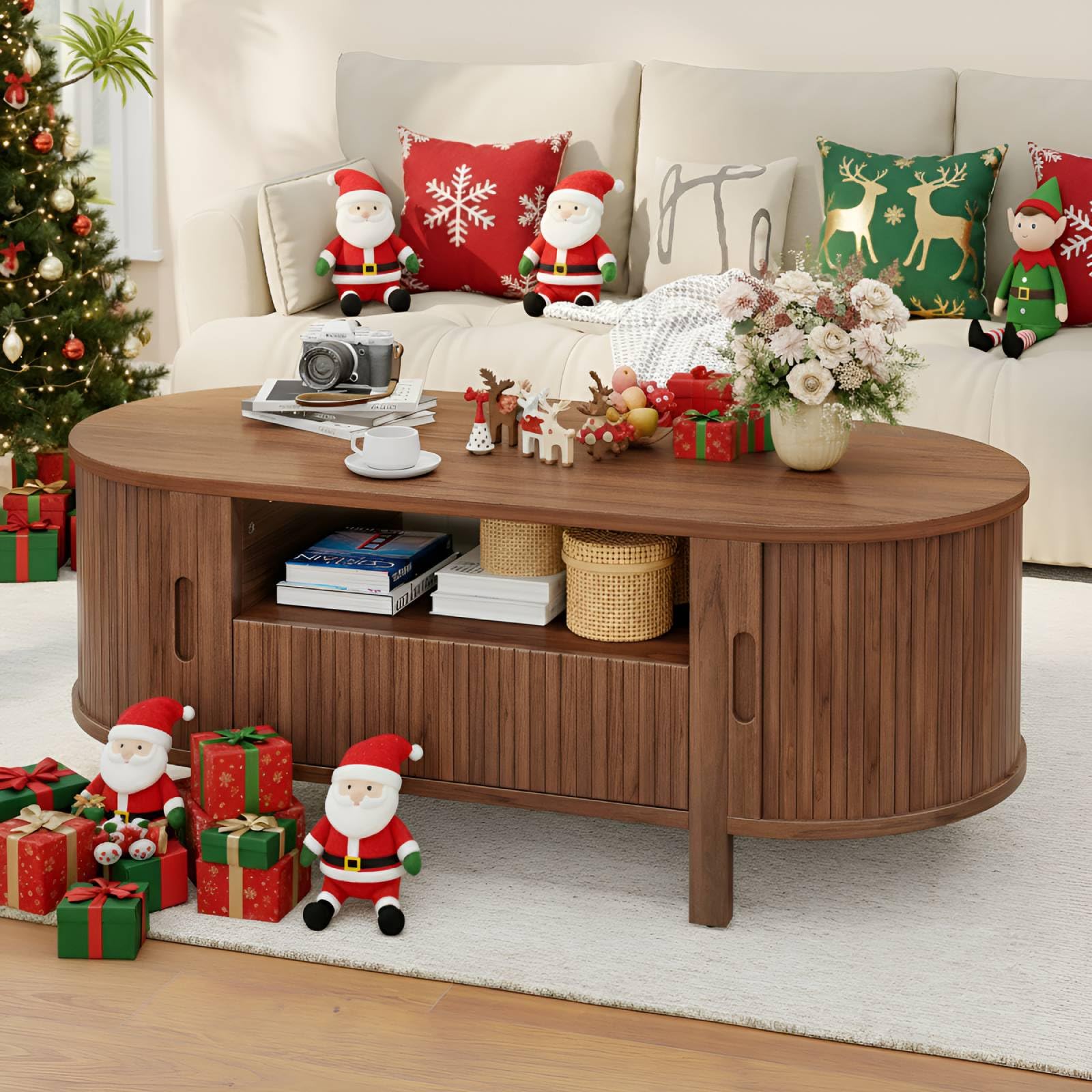 ComfyCorner 47" Oval Coffee Table, Tambour Design Coffee Tables for Living Room, Mid Century Modern Wood Coffee Table, 3-Tier Accent Center Table with