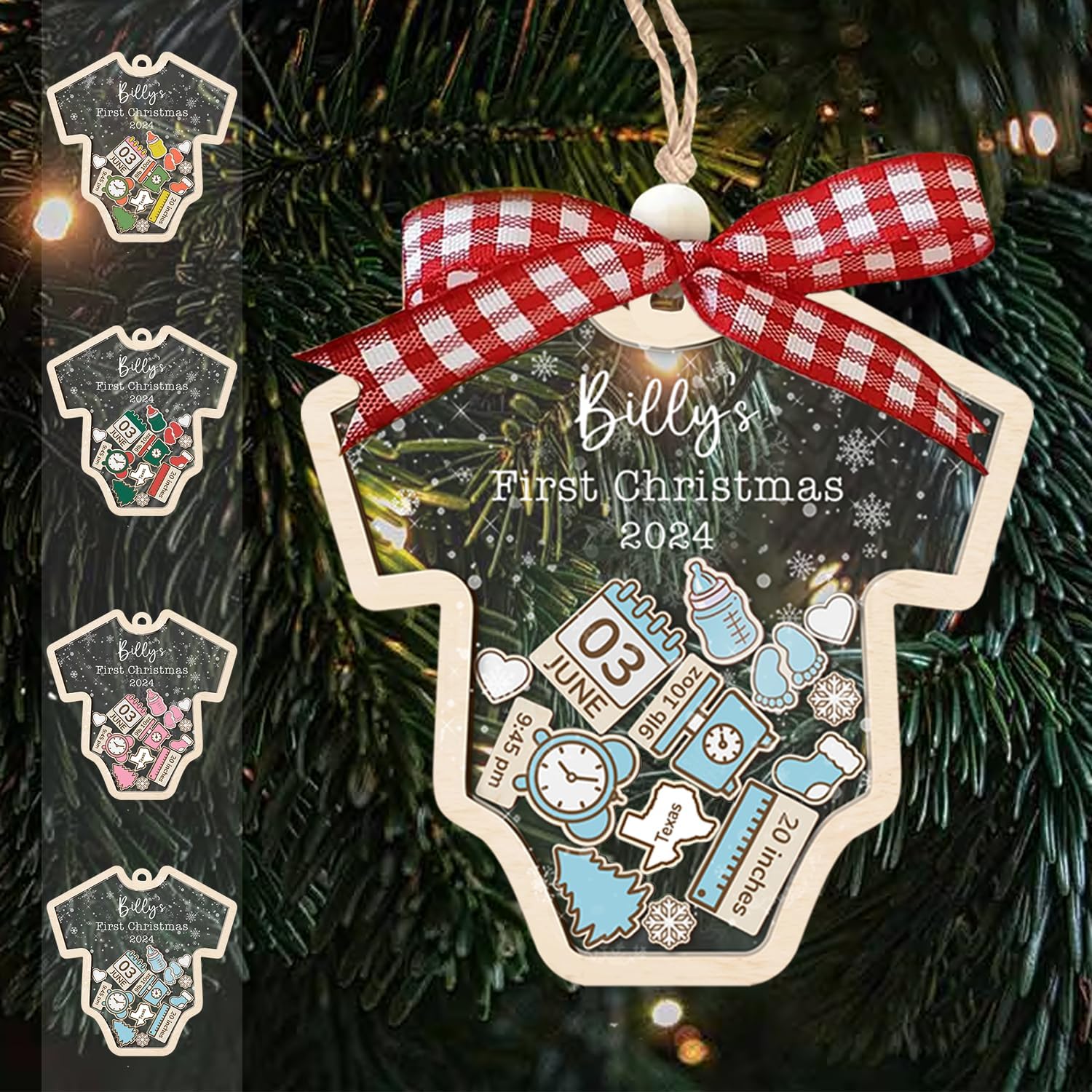 Babys First Christmas Ornament 2025 Boy Girl - Personalized Baby's 1st Christmas Ornament 2025 with Name, Birth Stats, Onesie Shaped, 4D Shaker Acrylic Plexiglass Layers with Wooden
