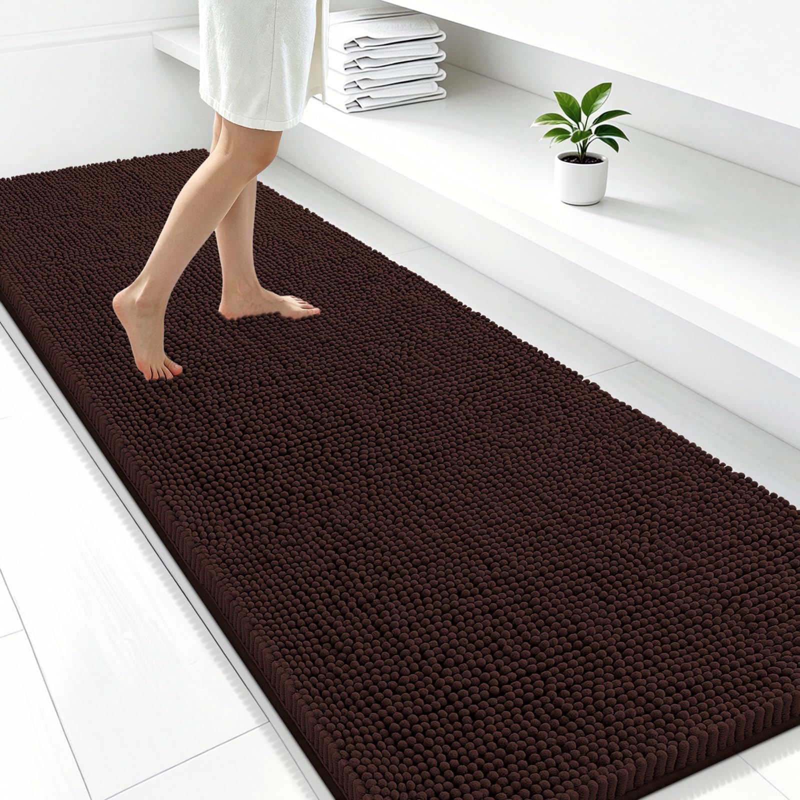 smiry Luxuriöser Chenille-Badteppich, extra weich und saugfähig, zottelig, maschinenwaschbar, Rutschfester Plüsch-Teppich für Badewanne, Dusche und Badezimmer (129 x 61 cm, Braun)