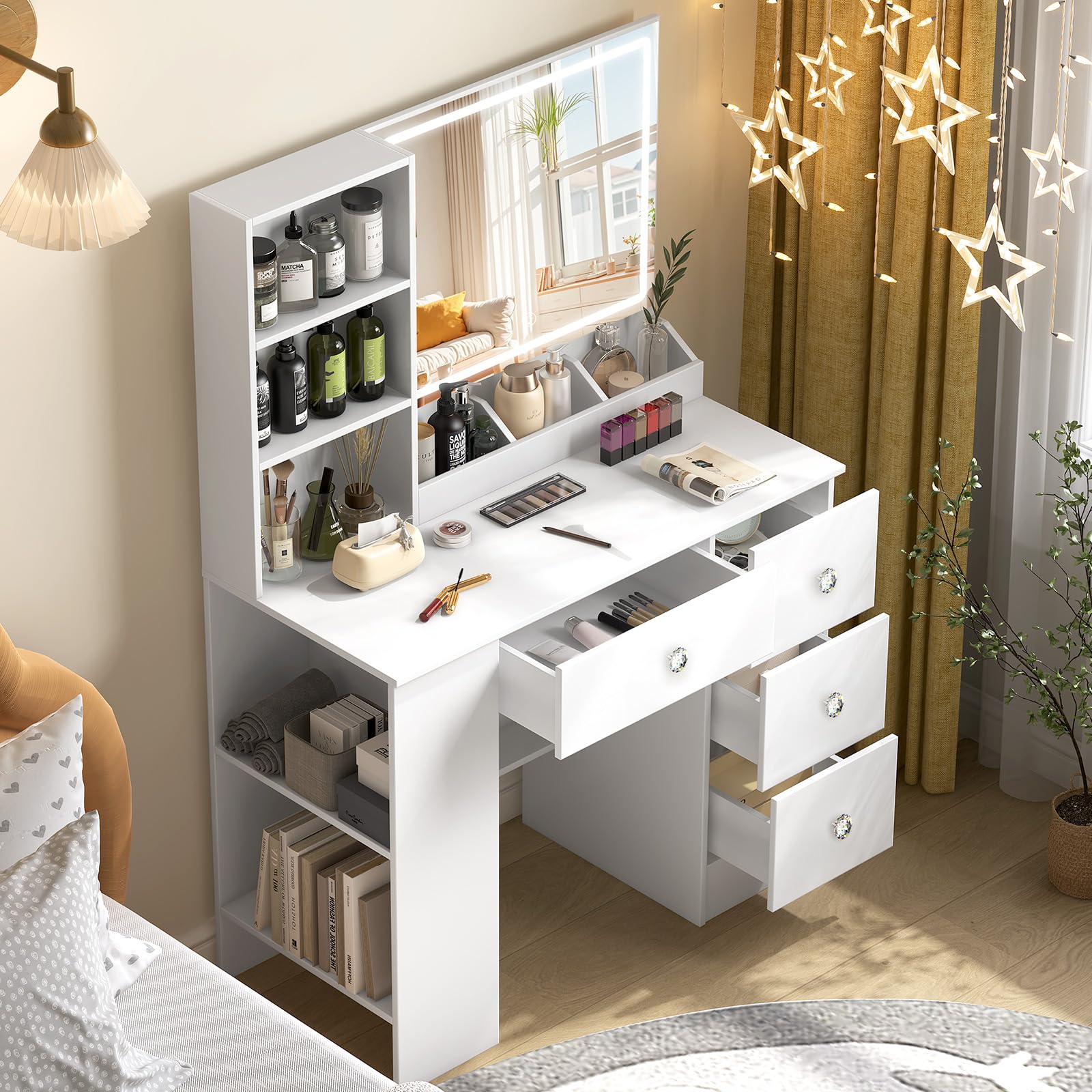 Toeletta Trucco 3-in-1 con Specchio Luci LED - Postazione Makeup, Scrivania e Comodino - Toeletta Bianca Moderna 90 cm, Maniglia Diamante