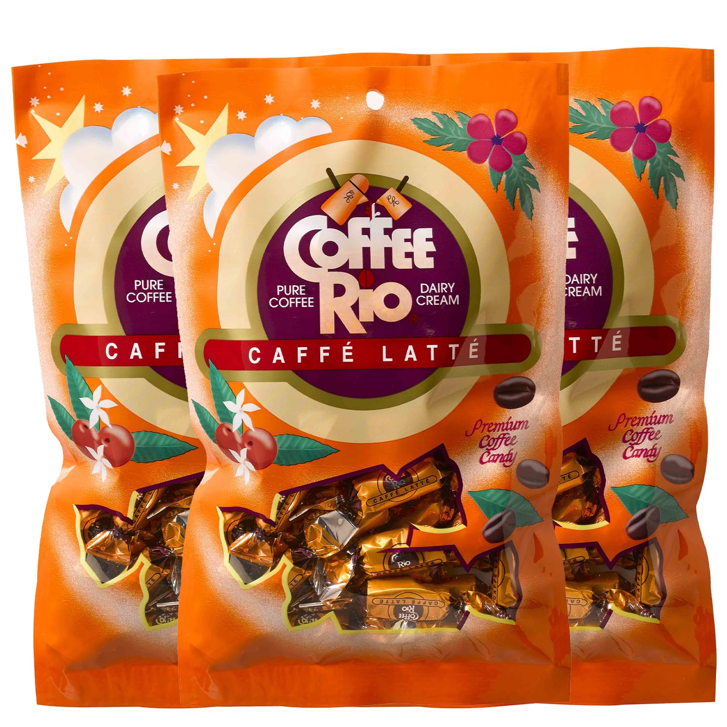 Coffee Rio Coffee Candy Pack of 3 Coffee Caramels 5.5 Ounces Made with Real Coffee and Cream, Kosher Candy (Caffe Latte)