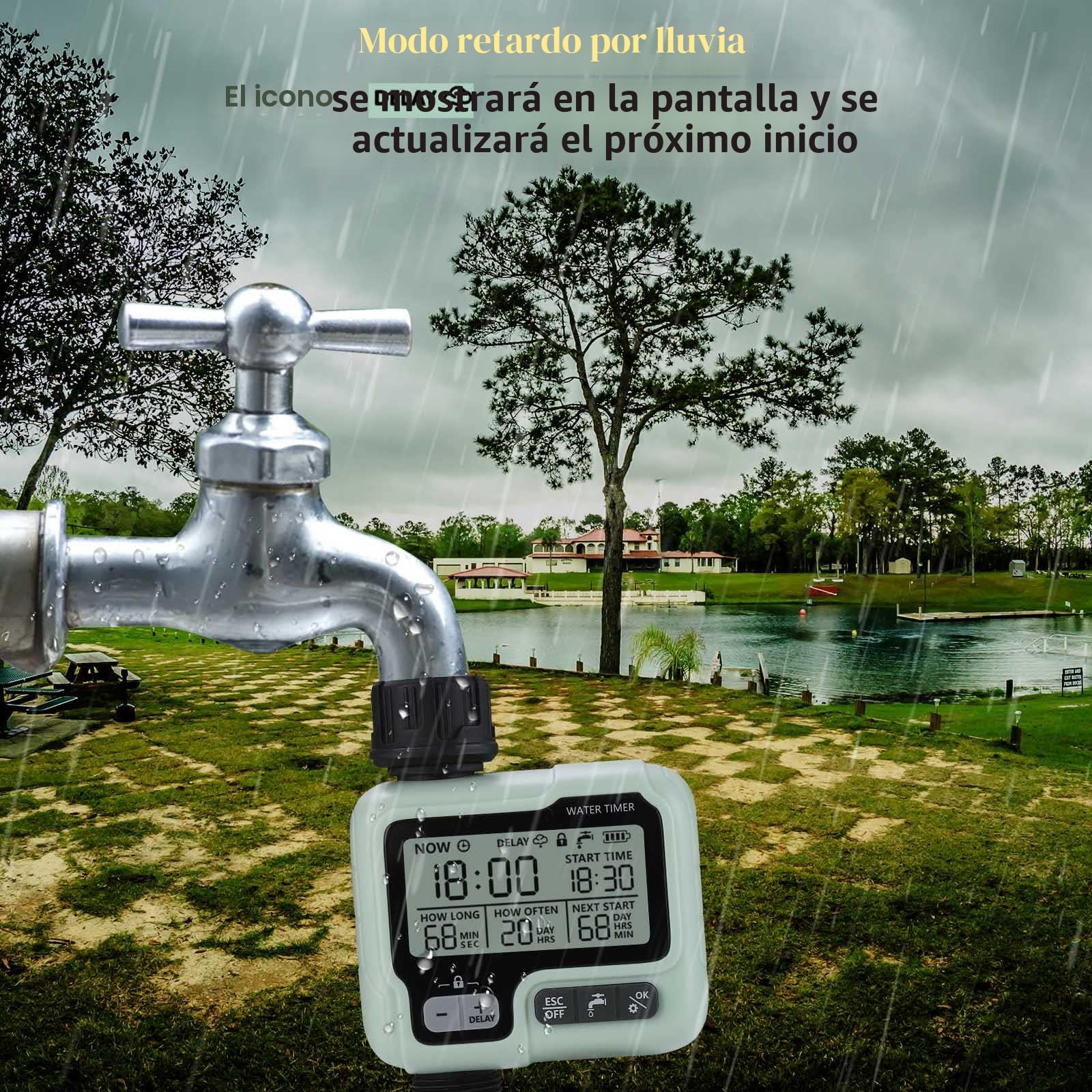johgee Programador de riego Sistema de riego Programador riego de Control para césped de jardín, riego automático, retraso de Lluvia, Control Manual y Bloqueo para niños