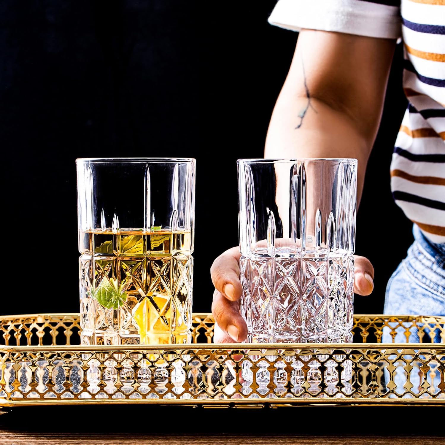 Mivana Premium Water & Juice 300ML Highball Glasses Sets 6 pc, Lead-Free Crystal Tumblers for Water, Juice, Beer, Cocktail and Mixed Drinks Glass Set for Kitchen,Party, Gift Use (VM-05) 4