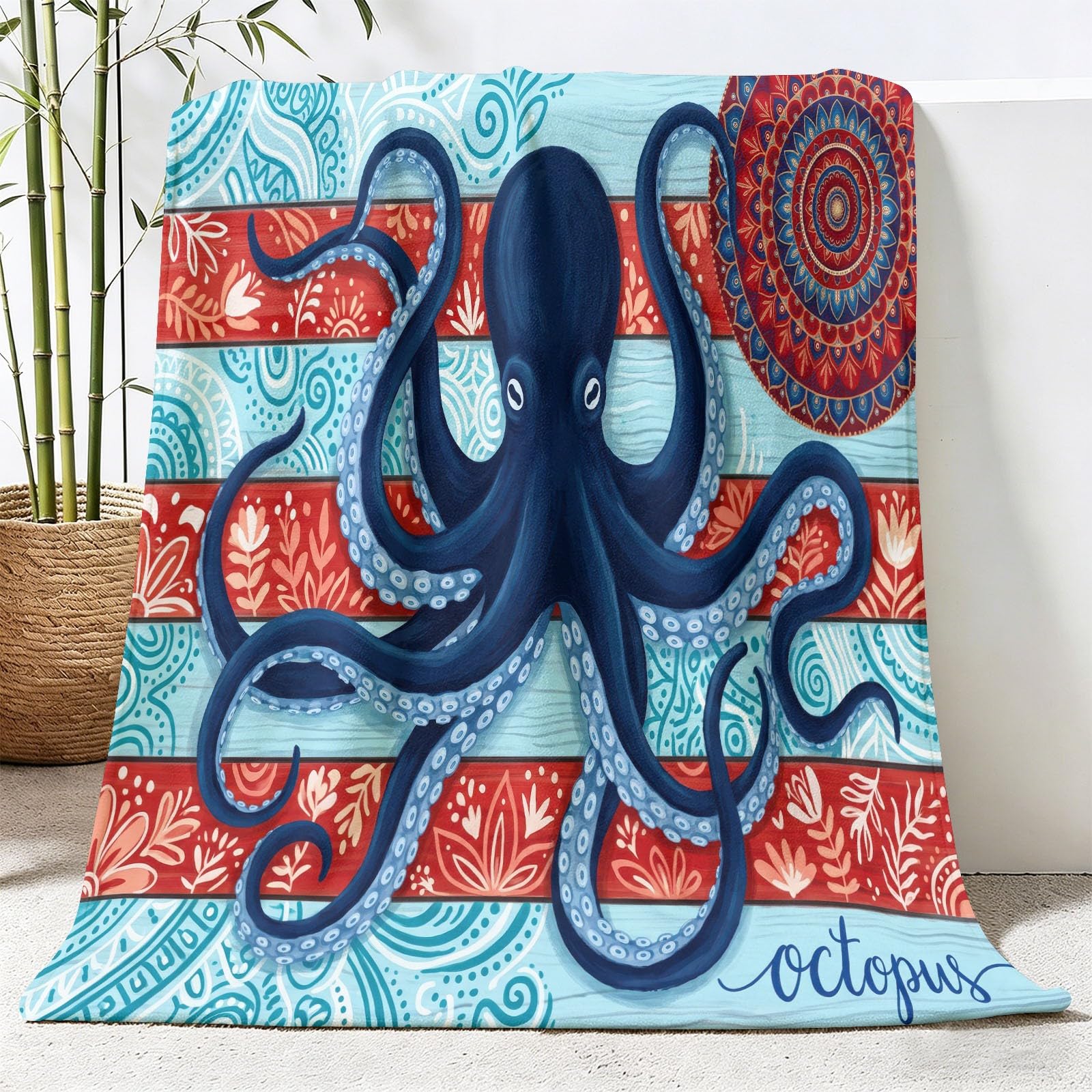 Manta de franela vintage, manta de forro polar, suave y cálida, diseño de pulpo, tablas de madera, flores, manta de sofá, para adolescentes y adultos, 150 x 200 cm