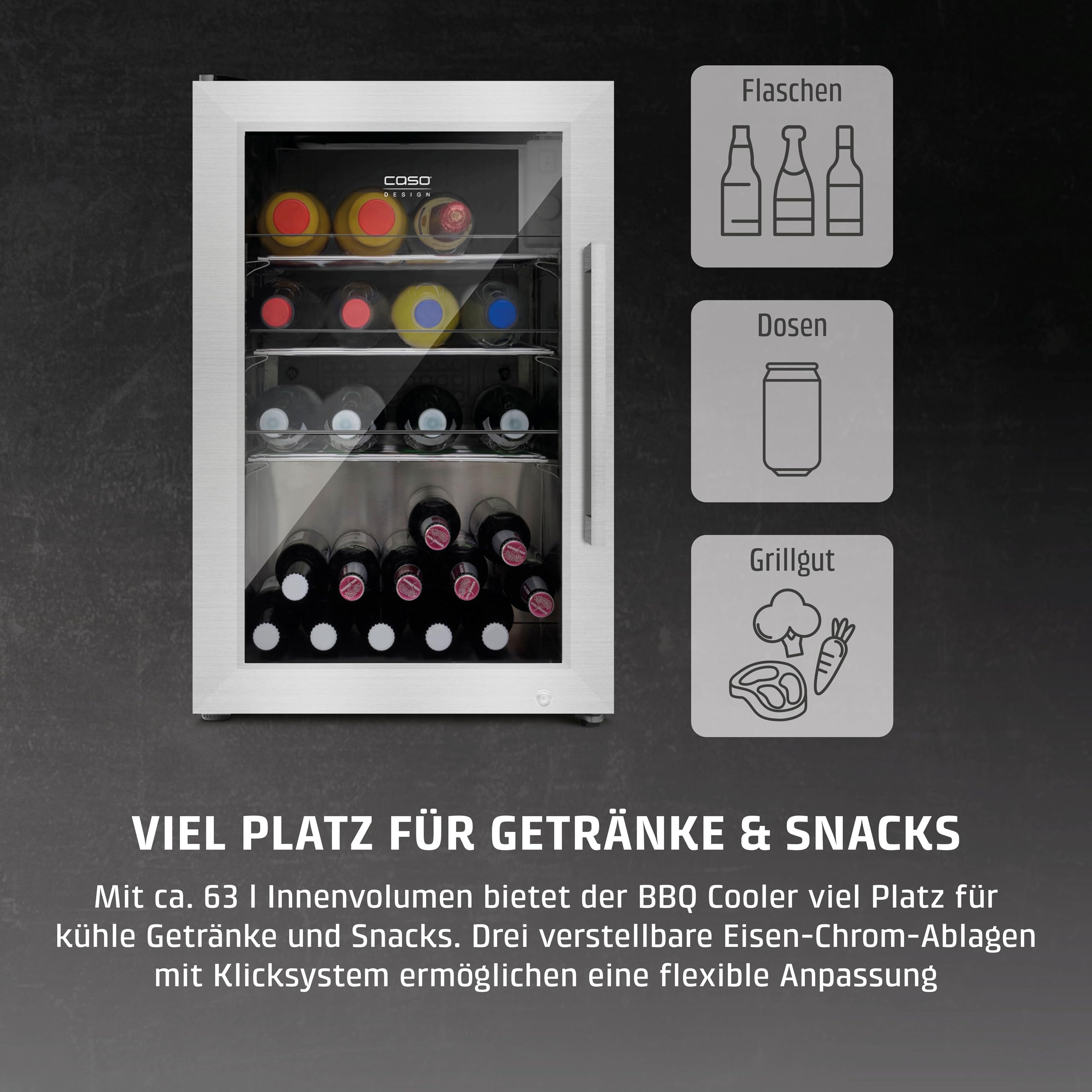 Caso BBQ Cooler S-L, Kühlschrank 63L, Türanschlag links, Temperatur -1-10°C, für Innen- und Außenbereich geeignet, IPX4/Spritzwasserschutz, Einbau geeignet, UV Sicherheistglas, abschließbar