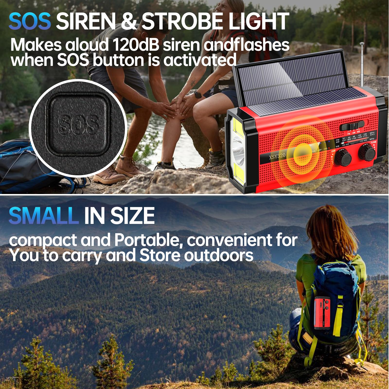 NOAA Radio d'urgence avec manivelle solaire portable SW/AM/FM pour la survie alimentée par batterie rechargeable, batterie remplaçable, horloge SOS alarme et lampe de poche (320 rouge)