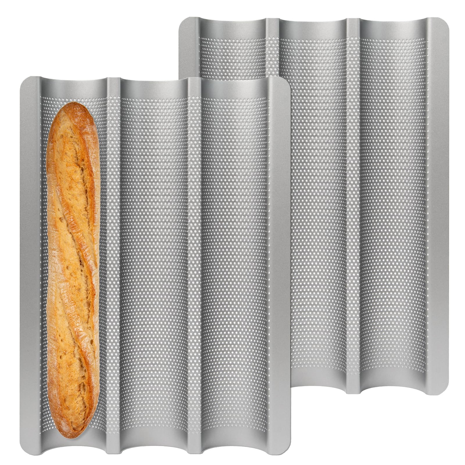 2 Pièces Plaque à Baguette Moule pour 3 Baguettes Moulle à Baguette Pain avec Revêtement Antiadhésif Moule à Pain Baguette Français Moule à Baguette en Acier Carbone pour Cuisson De Pain