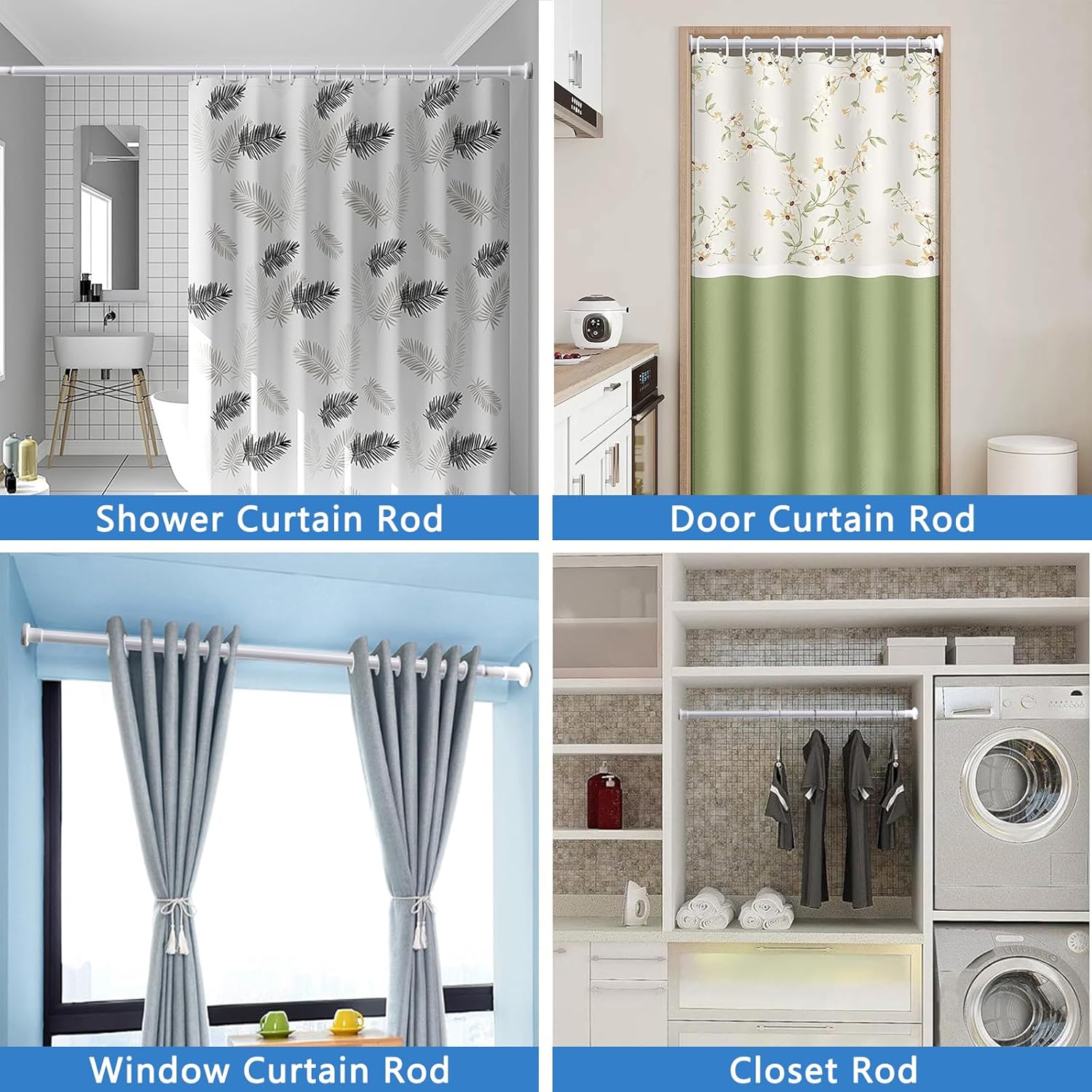 White Shower Curtain Rod 28"-77", Never Rust Anti-Slip Adjustable Tension Curtain Rods No Drilling, Heavy Duty Spring Enlarged Diameter 1" Tension Rod for Bathroom/Closet/Room Divider