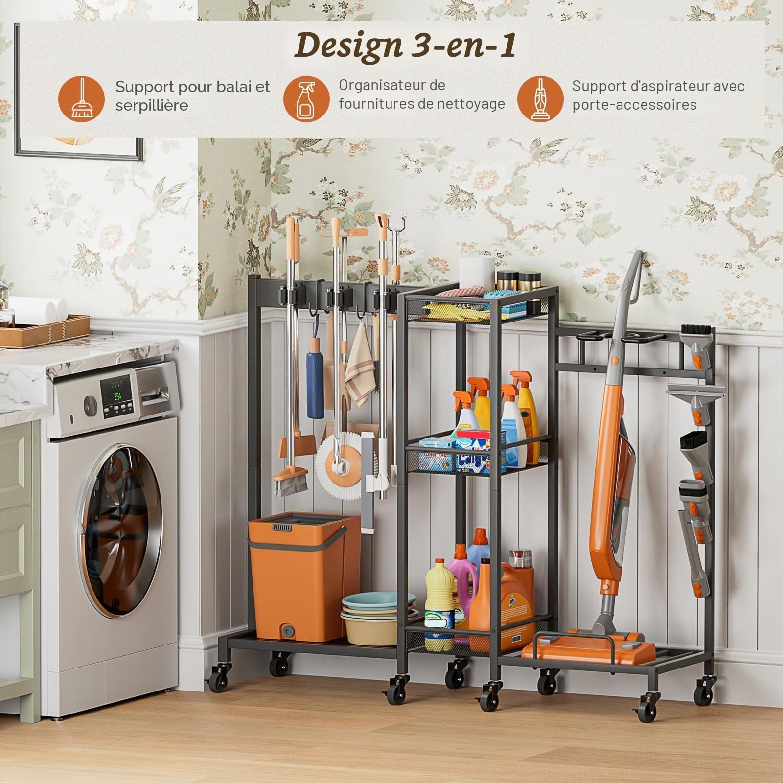Porte-Balai et Organisateur Produits de Nettoyage, Chariot de Ménage avec roulettes et Armoire, Support pour Balai et Serpillière avec Support Aspirateur, Chariot Multiusage pour Maison et Buanderie