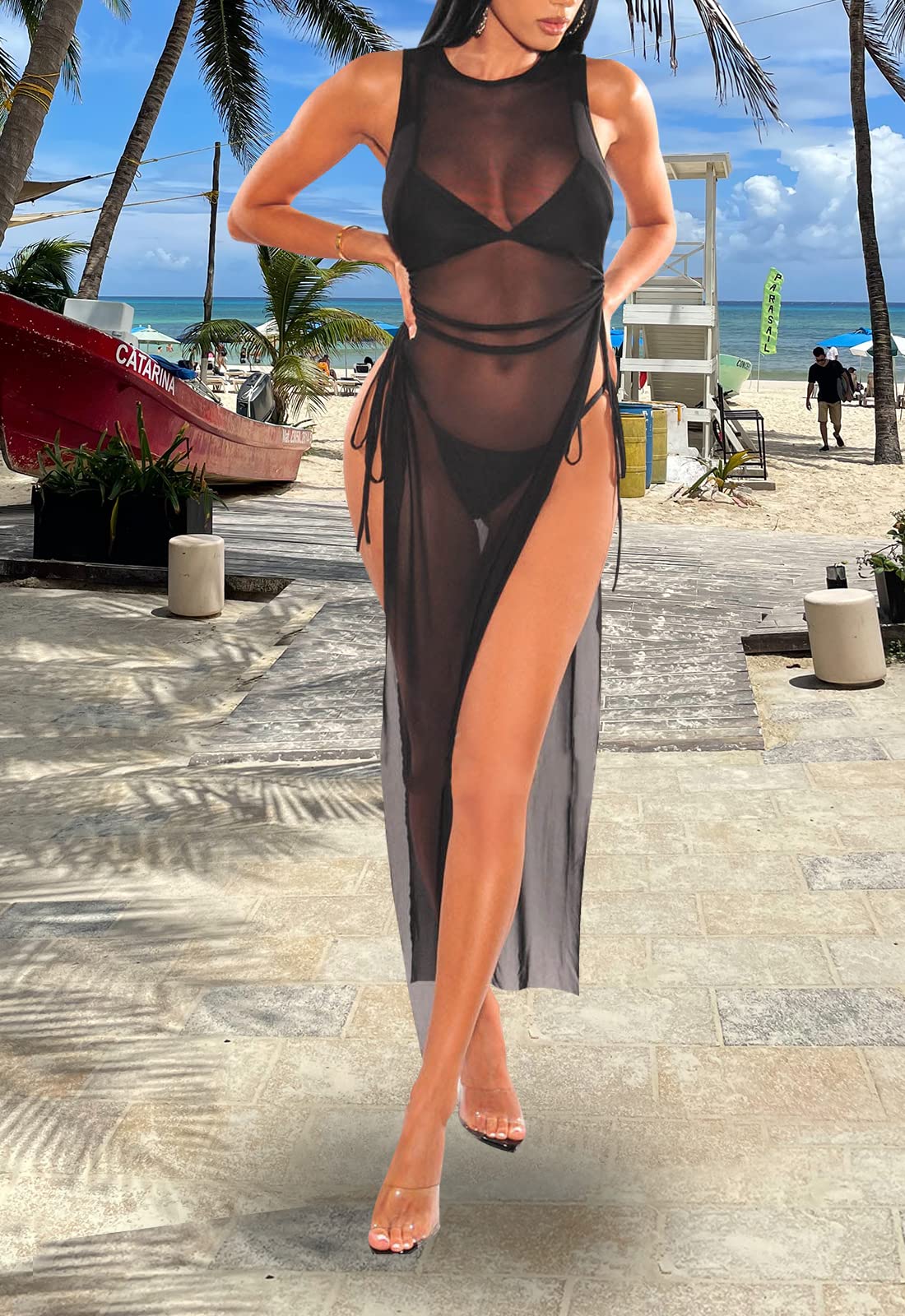 Women's Swimsuit Beach Bikini Cover up Sheer Mesh Dress Sexy See Through Mesh Tops Beachwear