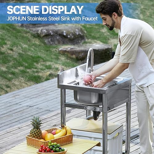 Miniatura 2 de Fregadero de acero inoxidable con tubo de agua fría y caliente, fregadero de cocina independiente de un solo tazón con estantes de almacenamiento