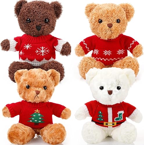 Miniatura 7 de Glimin 4 piezas de animales de peluche de oso con 4 ropa de muñeca de 12 pulgadas, lindo oso de peluche con ropa extraíble, suéter con capucha,