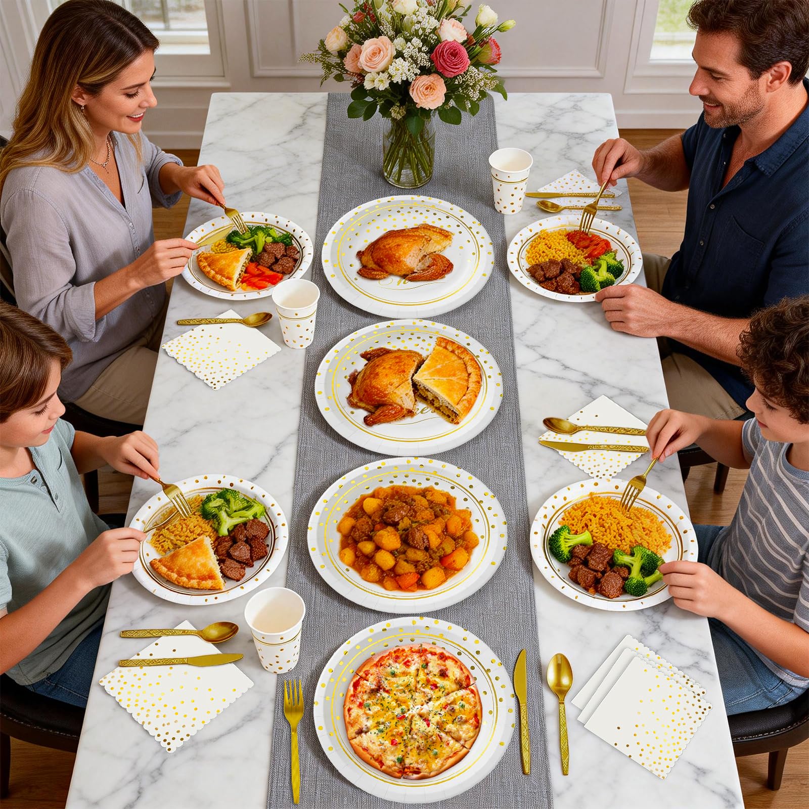 168 Pcs White & Gold Party Plates & Napkins -8