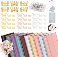 Hossmily 209pcs Waterproof Flower Bouquet Wrapping Paper Kit - 10 Colors Floral Wrap with Gold Butterflies, Crowns, Ribbons, Pins for Florists & DIY Crafts