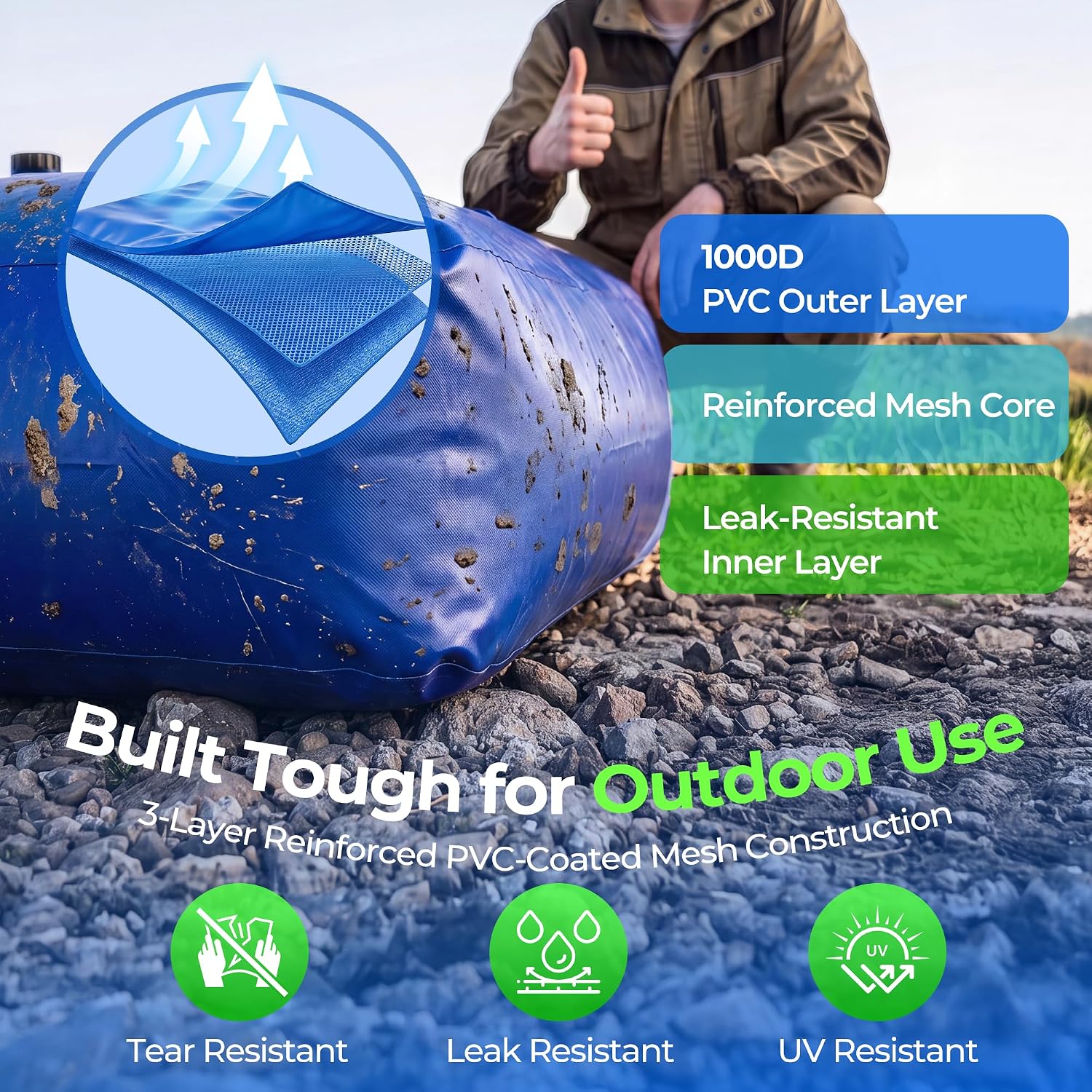 143 Gallon/540L Water Bladder Tank - Portable Collapsible Water Storage Bag with Heavy-Duty PVC Material for Camping,RV,Emergency Water Storage,Garden Irrigation,Farm&Outdoor Use,Blue