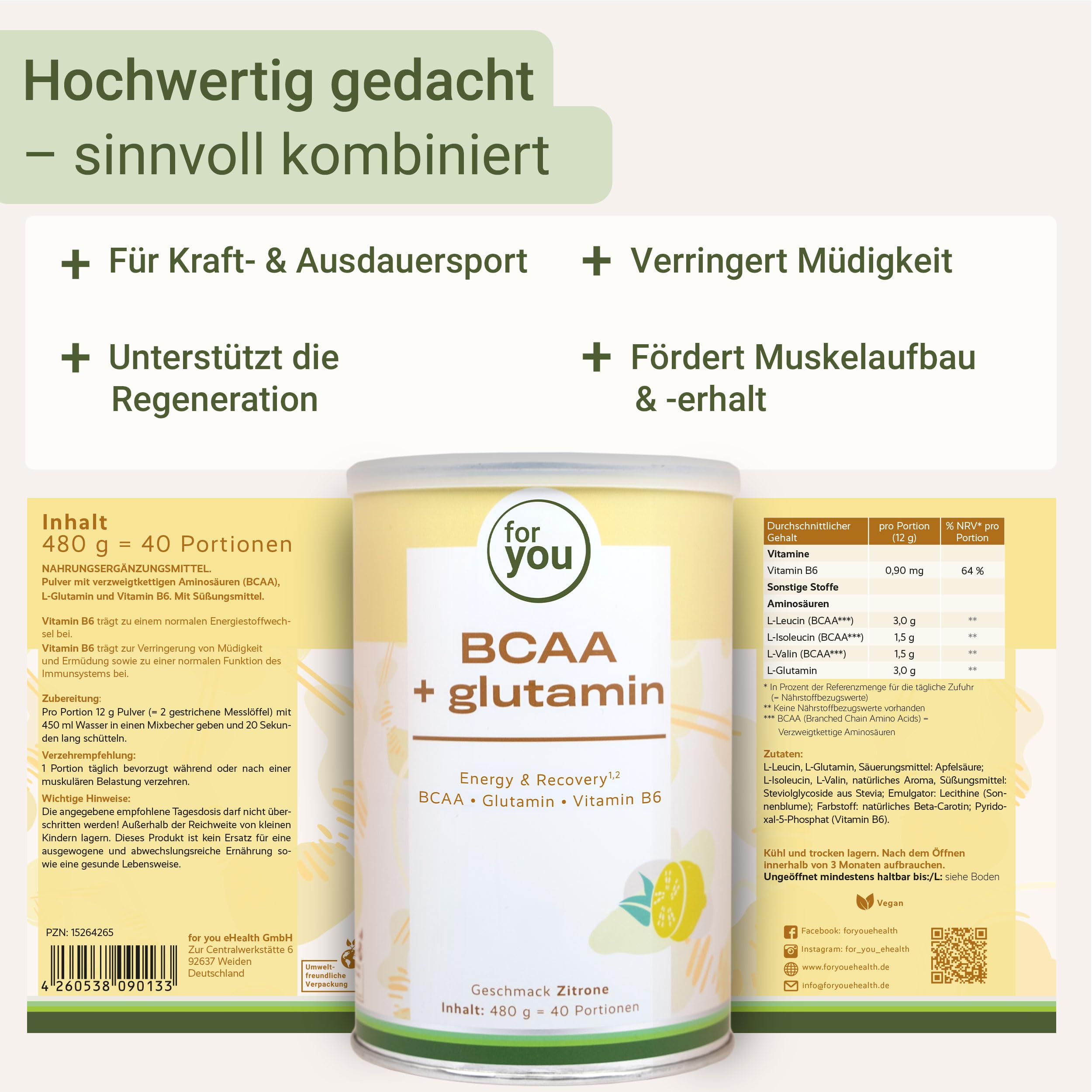 for you BCAA + Glutamin Energy & Recovery Doppelpack – Aminosäuren Pulver mit Vitamin B6 – Vegan & zuckerfrei – Für Muskelaufbau, Regeneration & Training – Sehr gut löslich – Geschmack Zitrone