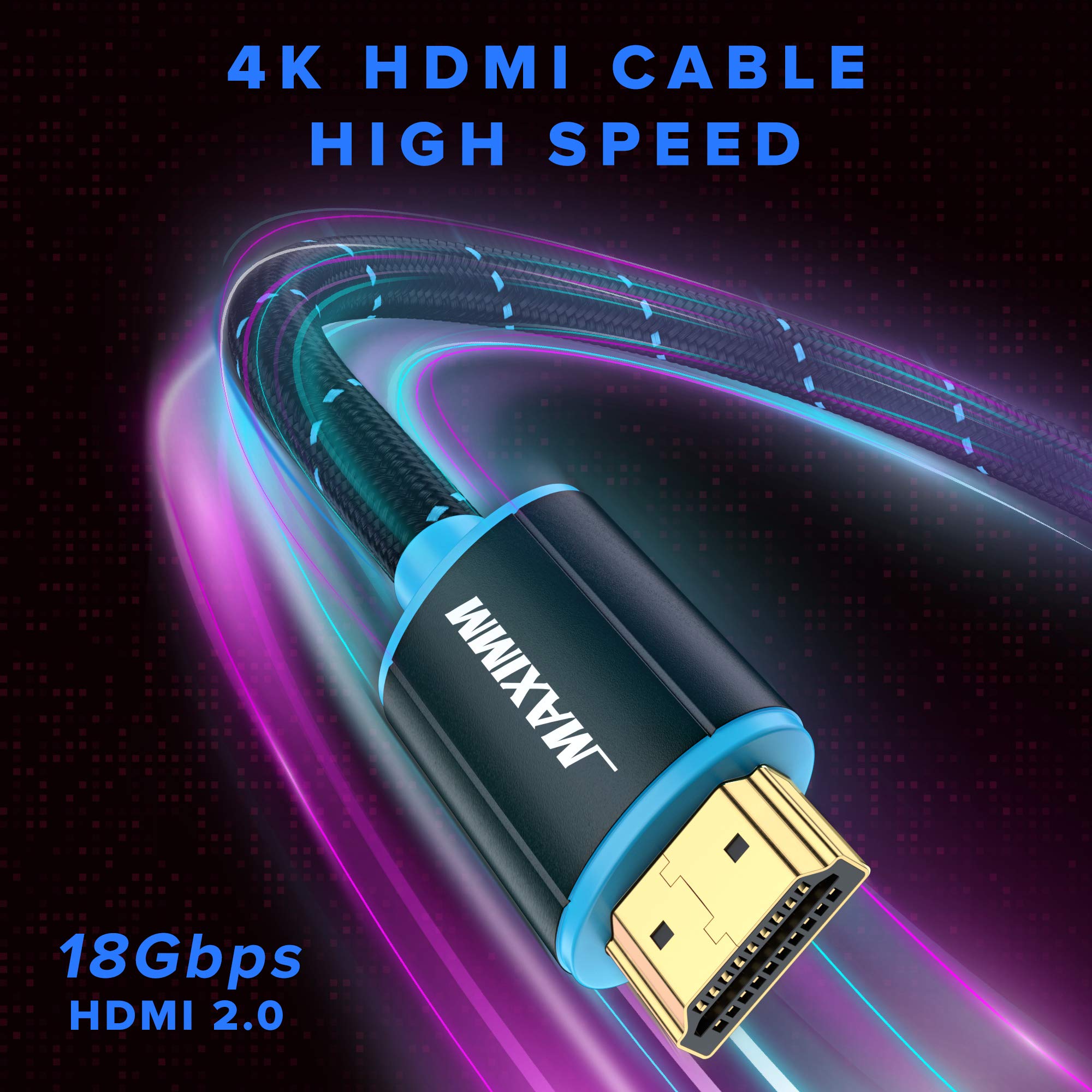 Maximm - Cable HDMI 2.0 4K de alta velocidad (incluye pinzas de cable, bridas y adaptador de ángulo recto) disponible en varios tamaños y paquetes