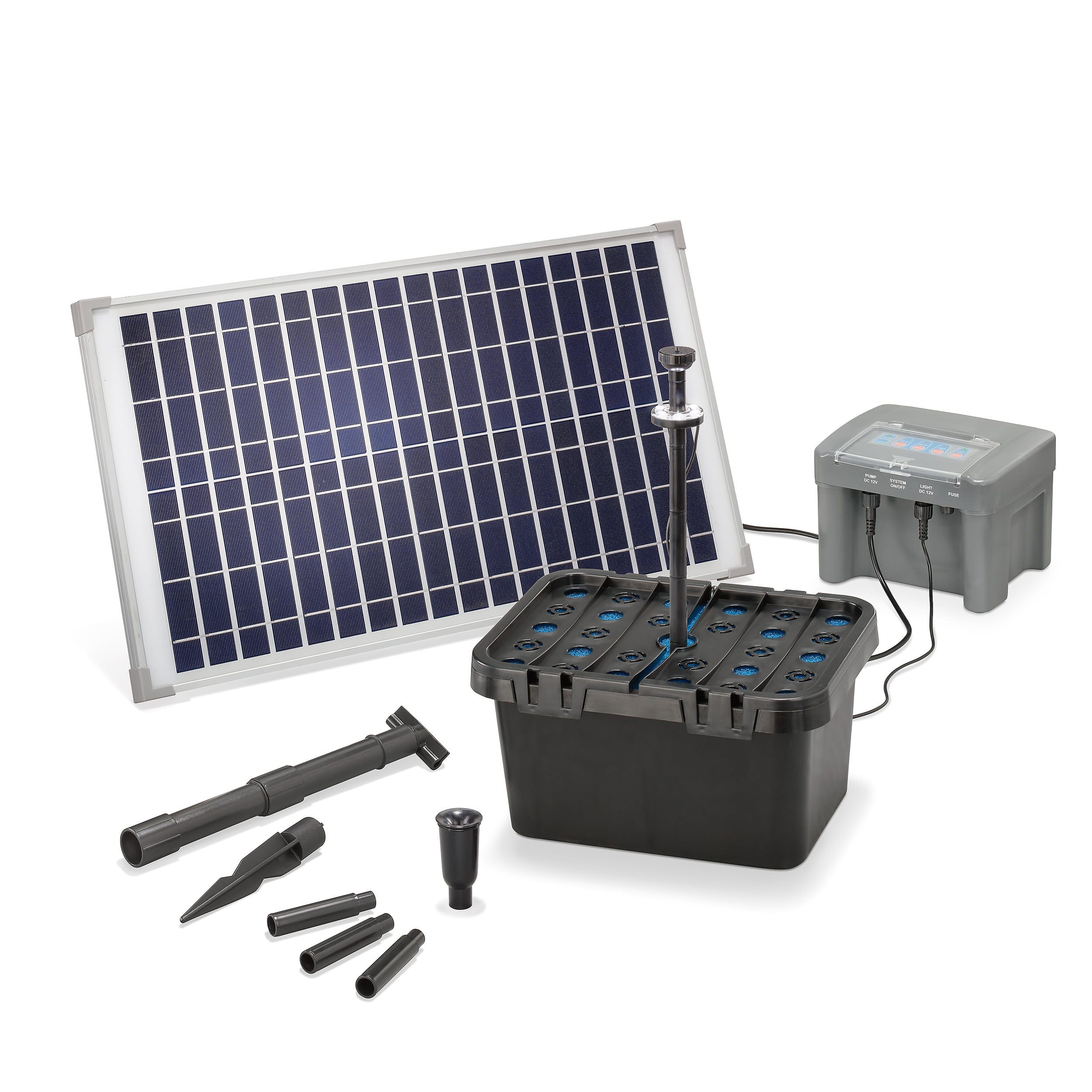 esotec Solar Teichfilterset Profi 25/650 LED proBatt, Teichfilter Komplettset mit Pumpe, BleiGel Akku, Programm-Funktionen, Teichpumpe, 25Wp, Förderhöhe 1,4m, 650l/h, IP68, 101064