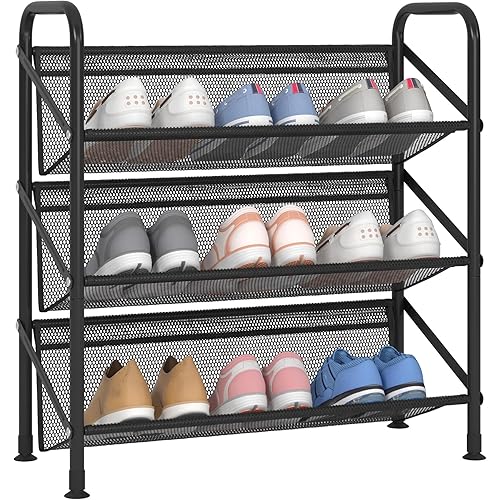 3 Tier Shoe rack for closet Mesh fabric narrow Metal shoe racks, Small Shoe Storage Organizer Shelf for Entryway, Hallway, Dorm Room (Black, Wider 3 Tier)