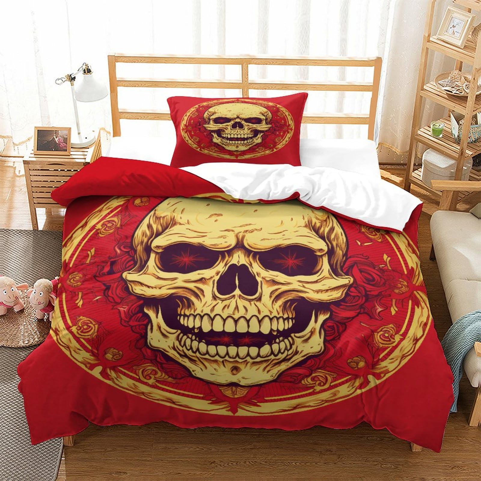 P1S9U7W5Y 3D Printed Skull Duvet Cover Set 3pcs Microfiber Red Skull Bedding Set Single